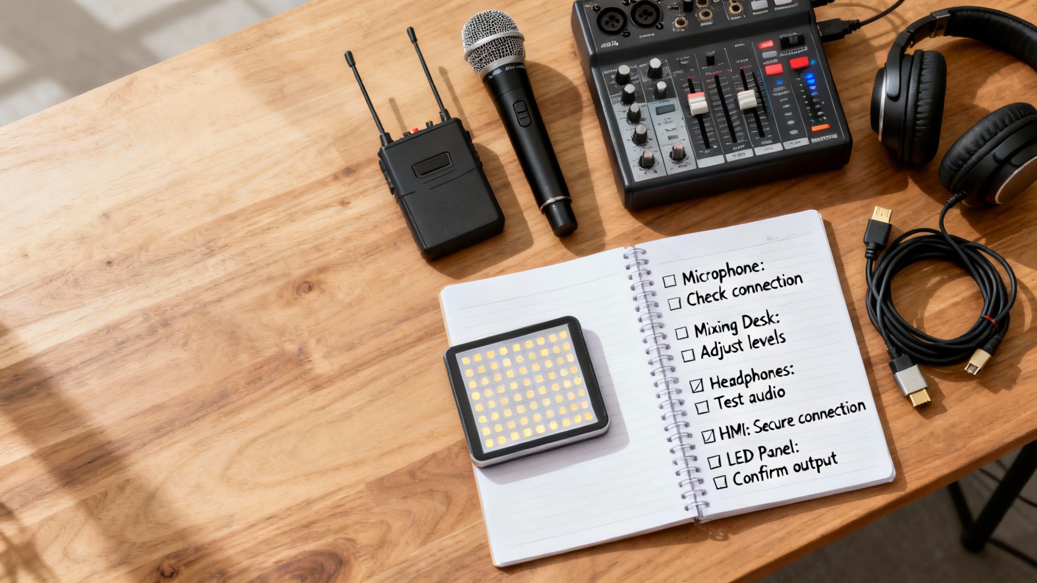 Audio-visual equipment setup with microphone, mixing desk, headphones, and a checklist on a wooden table.