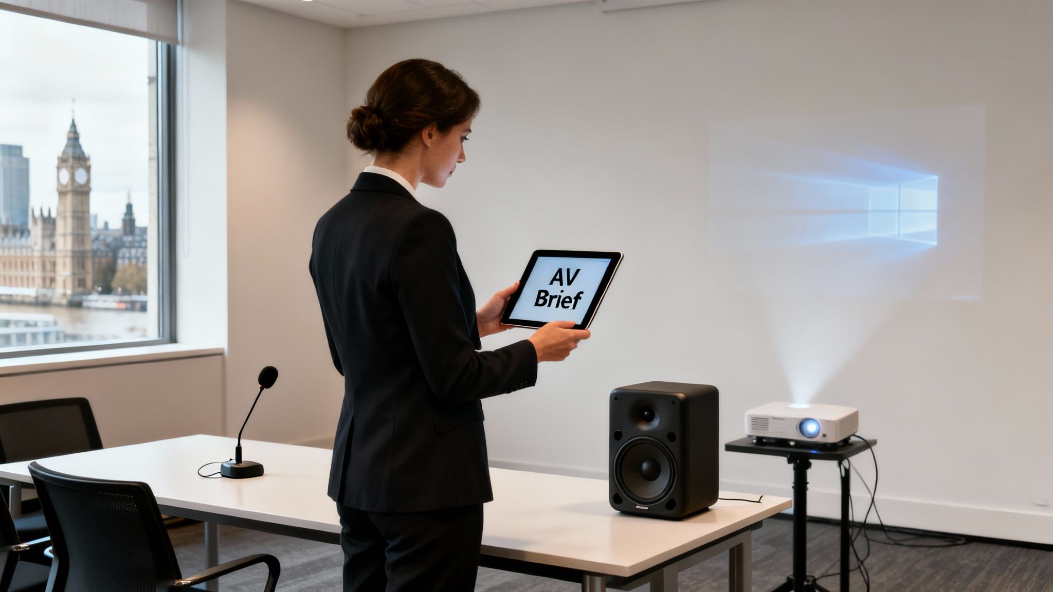 Woman in suit uses tablet to control AV equipment, presenting in a modern London office.