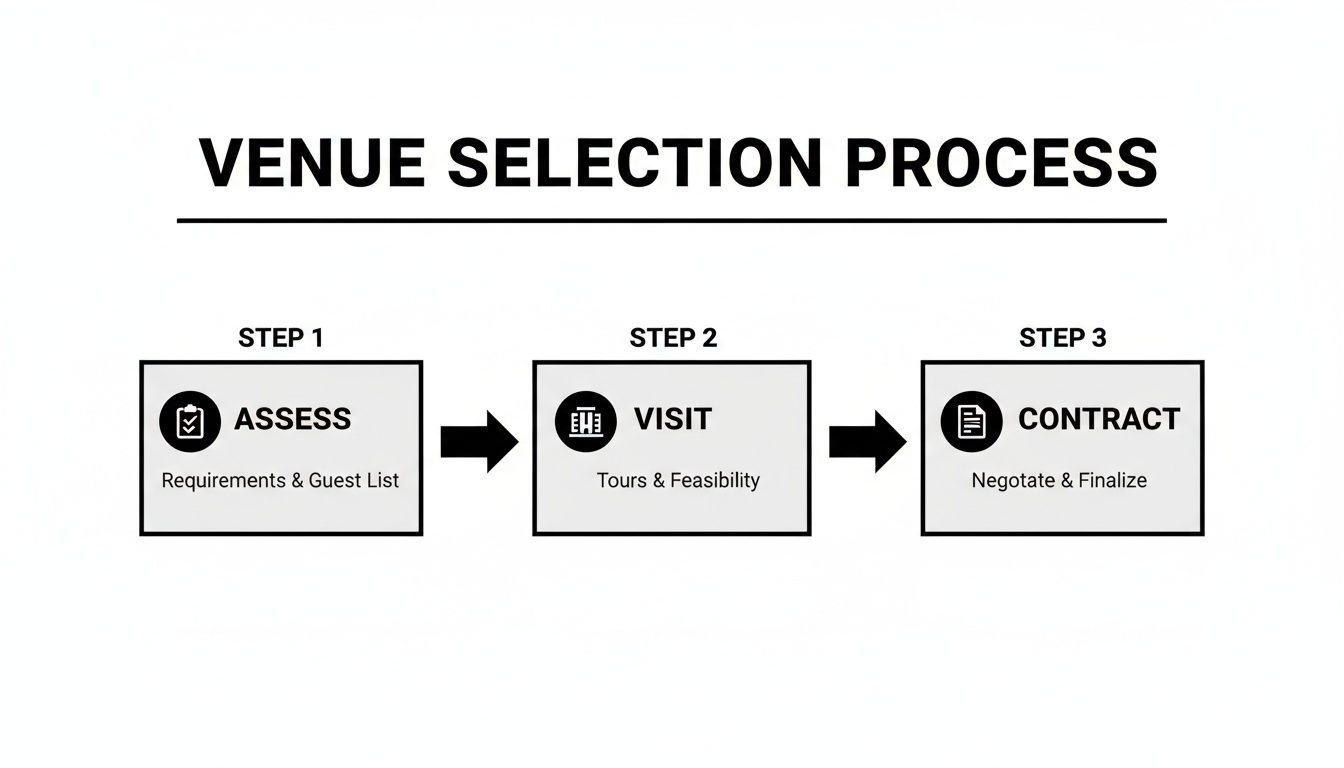 A clear diagram outlining a three-step venue selection process: assess, visit, and contract stages.