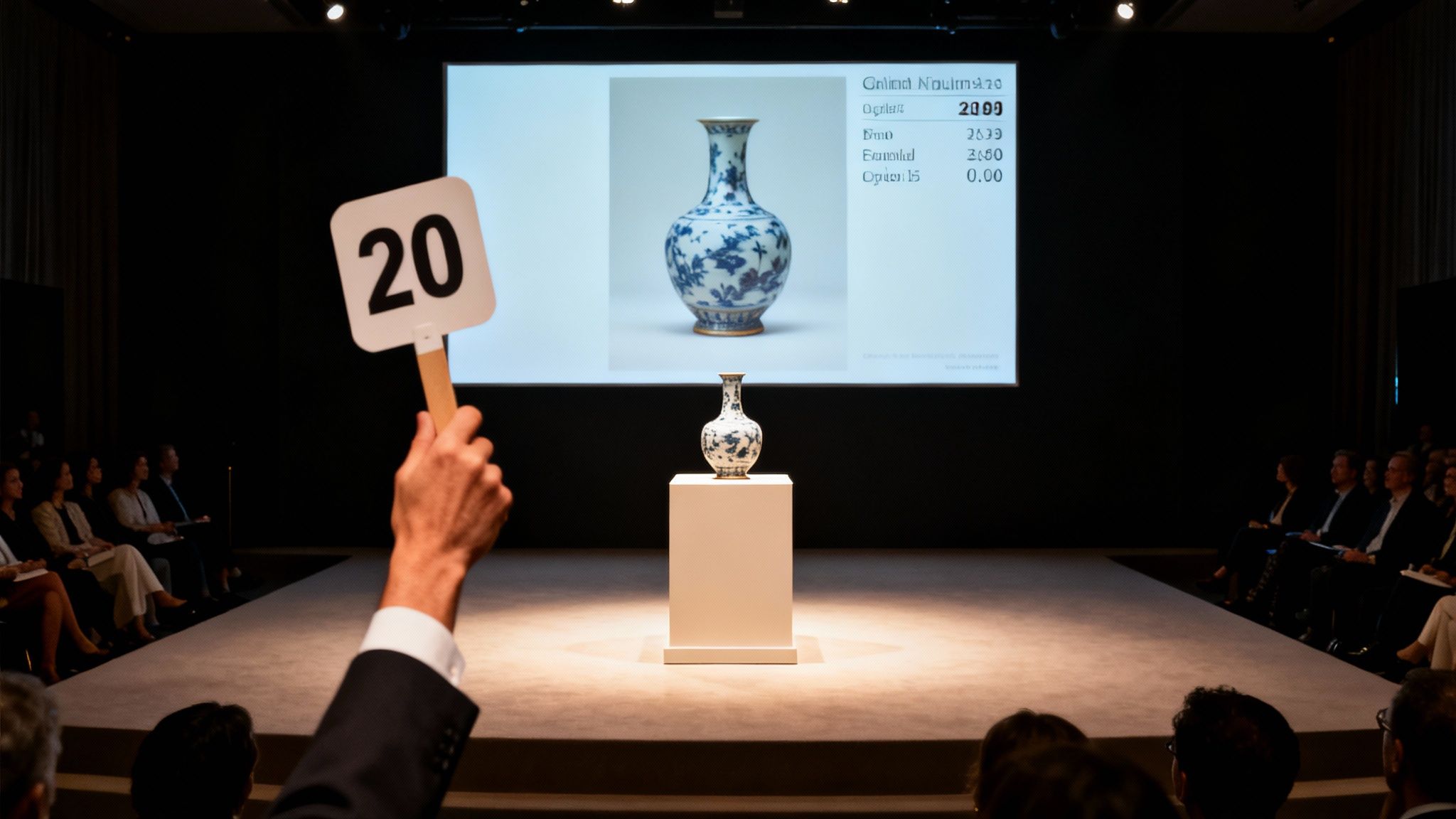A bidder raises paddle '20' at a live auction displaying a Chinese vase on screen and pedestal.