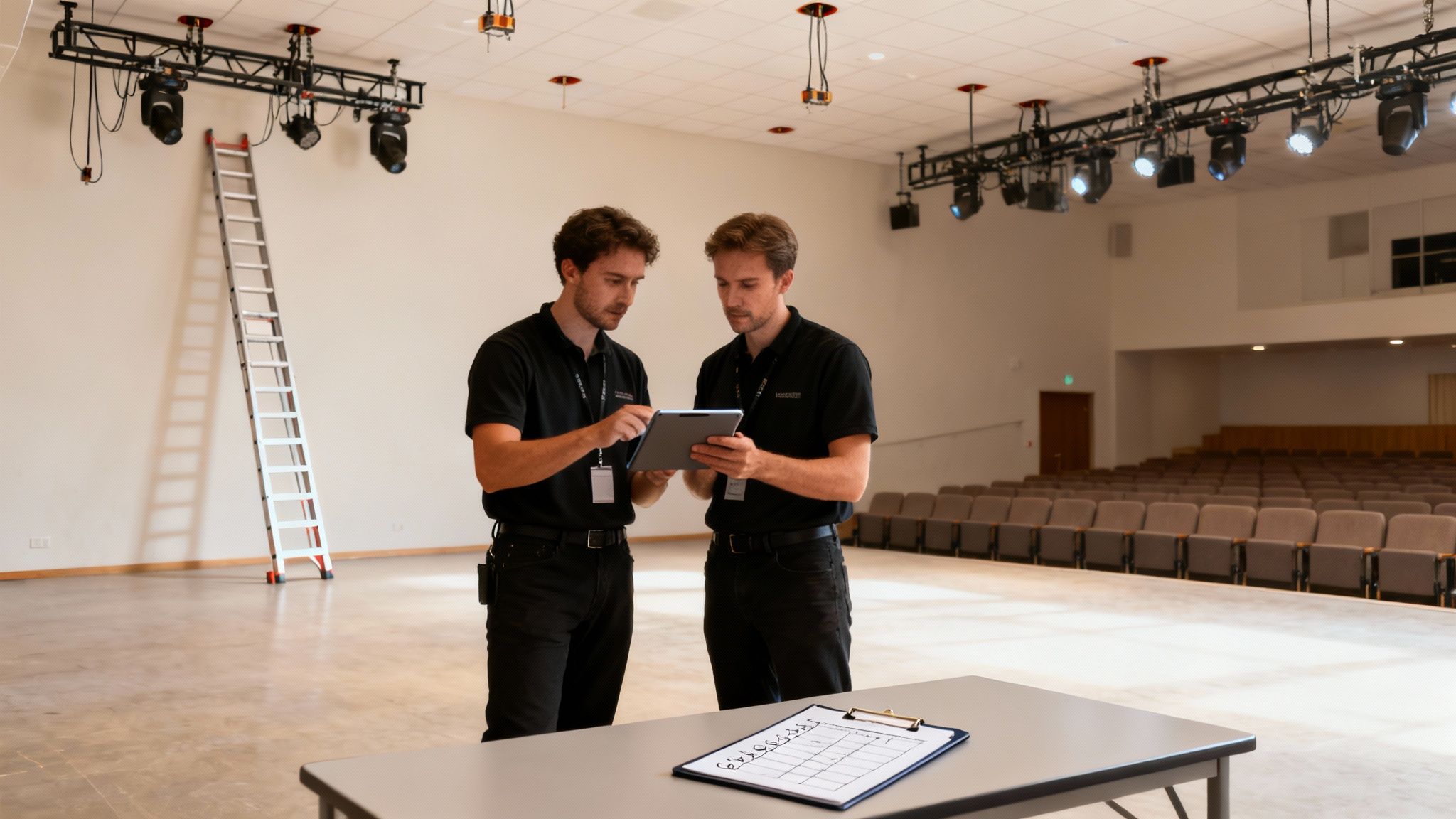 Two male technicians review notes on a tablet, preparing an event stage with lighting and an empty audience area.
