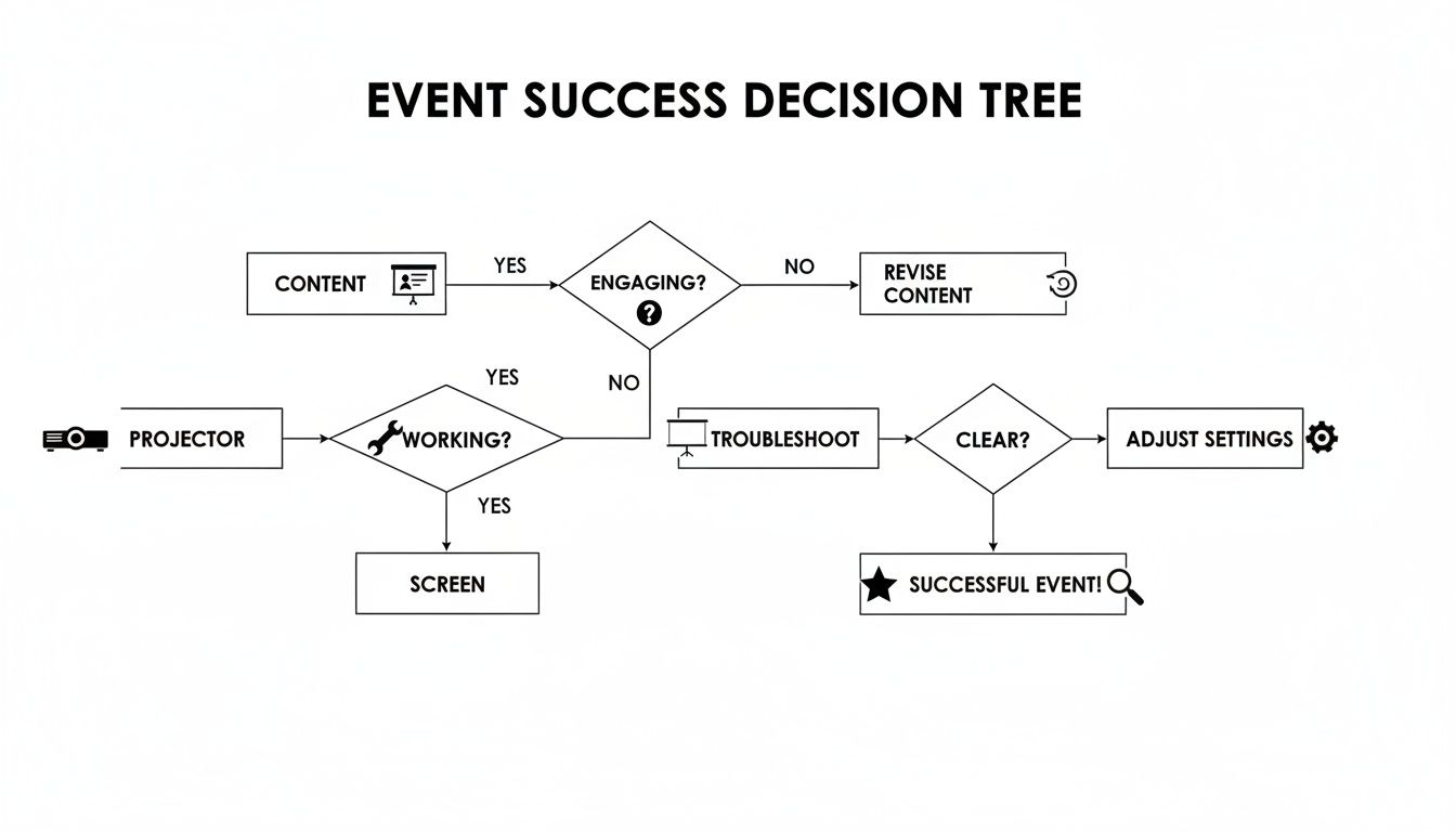 Flowchart illustrating an event success decision tree, covering content, projector, and screen checks.