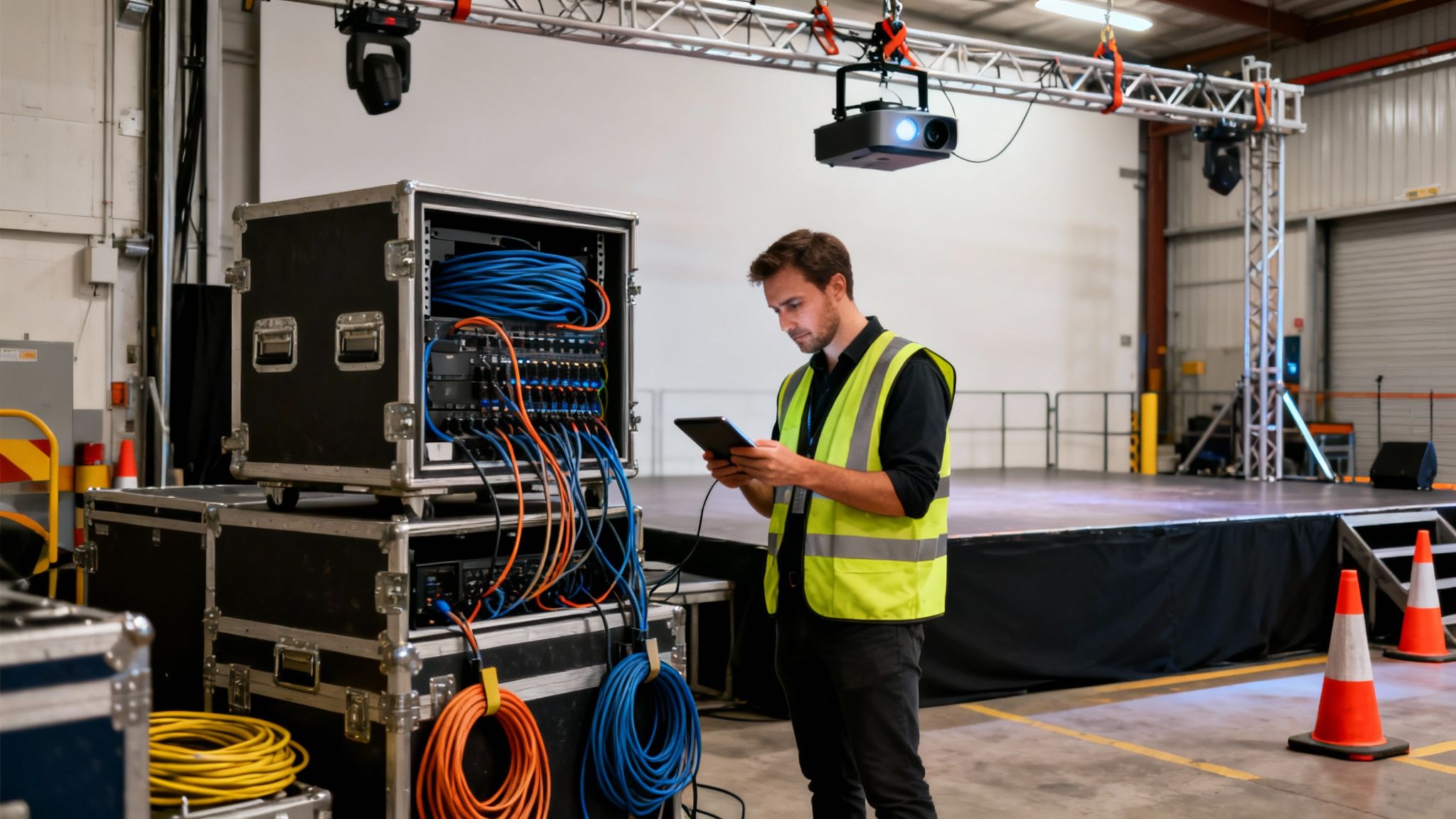 A technician in a high-vis vest checking audio-visual equipment and cables with a tablet at an event venue.