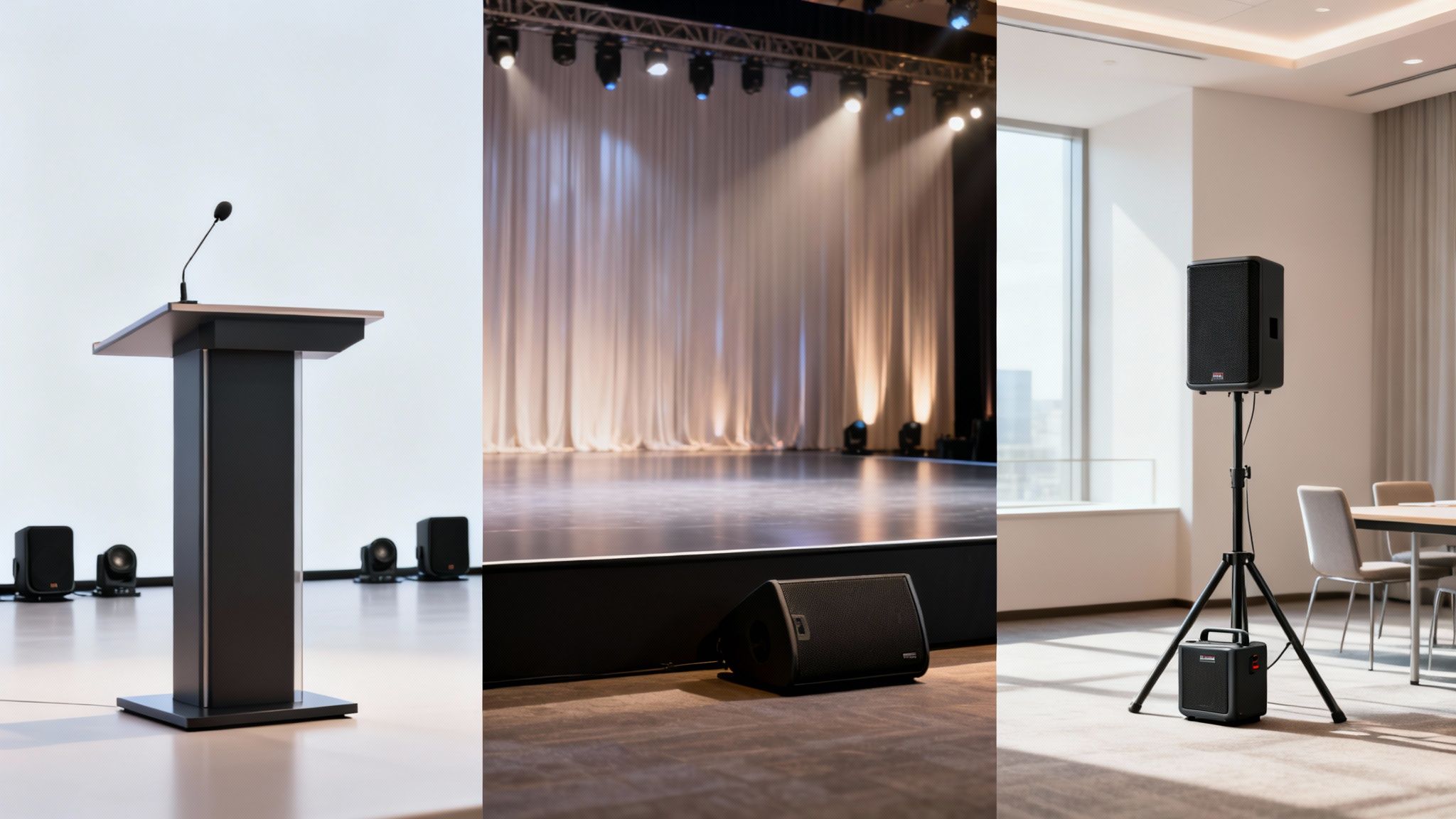 PA systems and audio equipment including a podium, stage monitor, and speakers in diverse event settings.