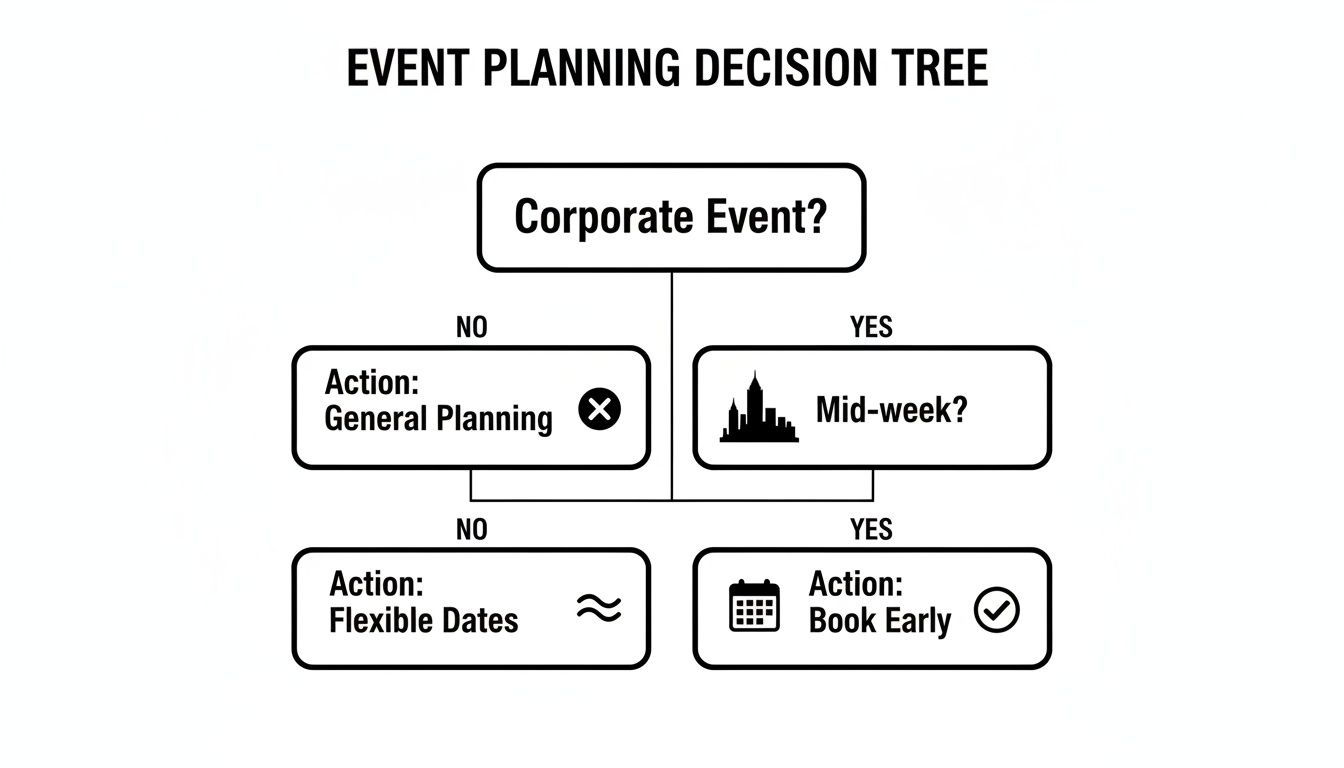 An event planning decision tree illustrating steps for corporate events, including mid-week and booking early.
