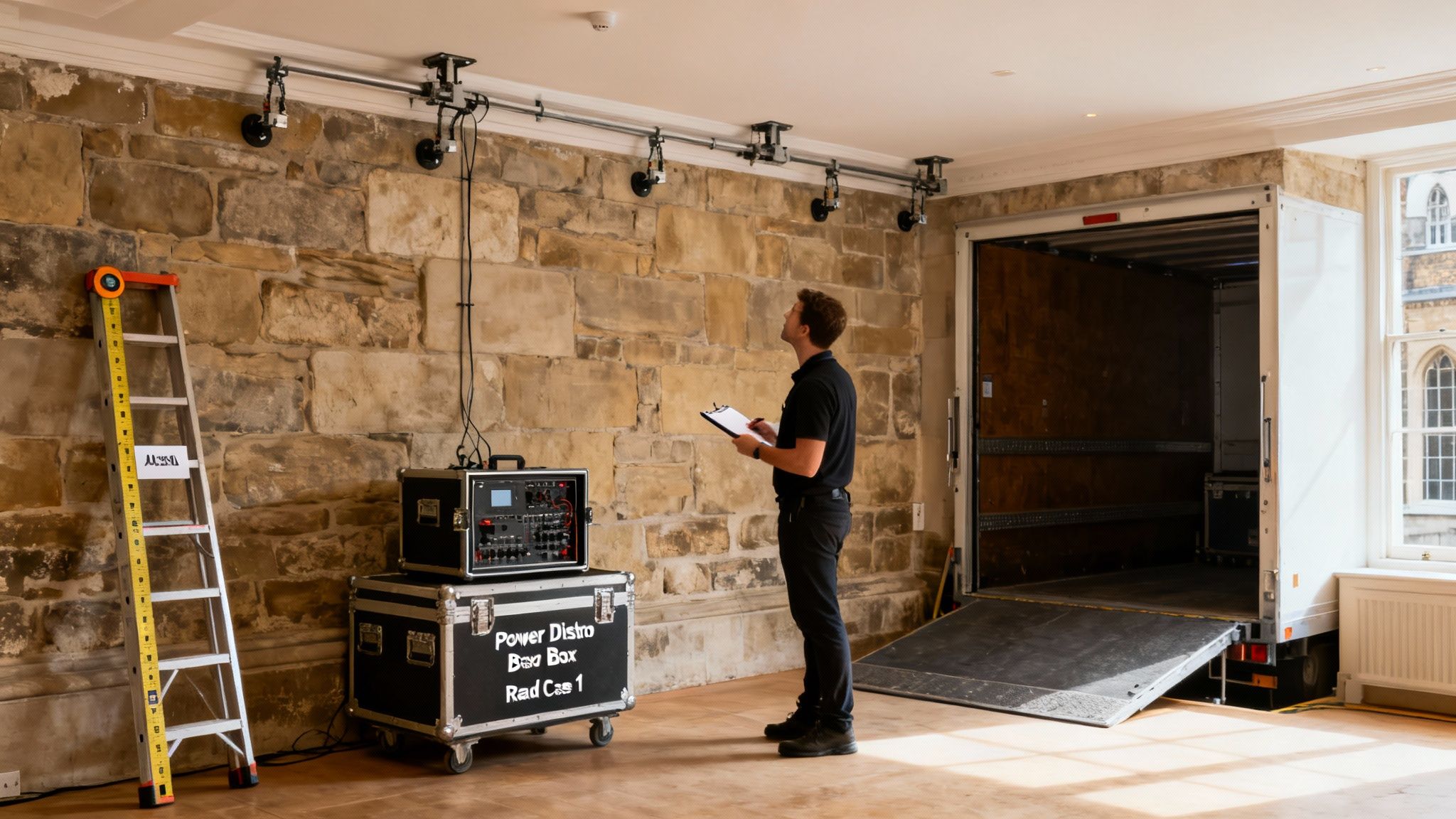 A technician inspects audio-visual equipment installation on a historic stone wall for an event.