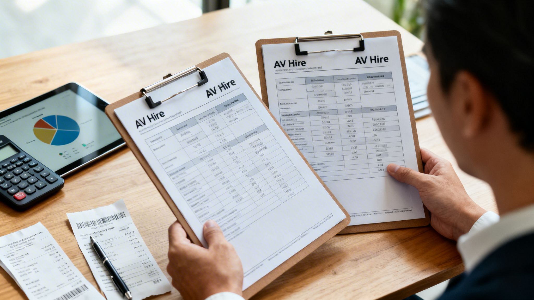A man reviews AV hire documents, comparing financial data on two clipboards on a wooden desk.