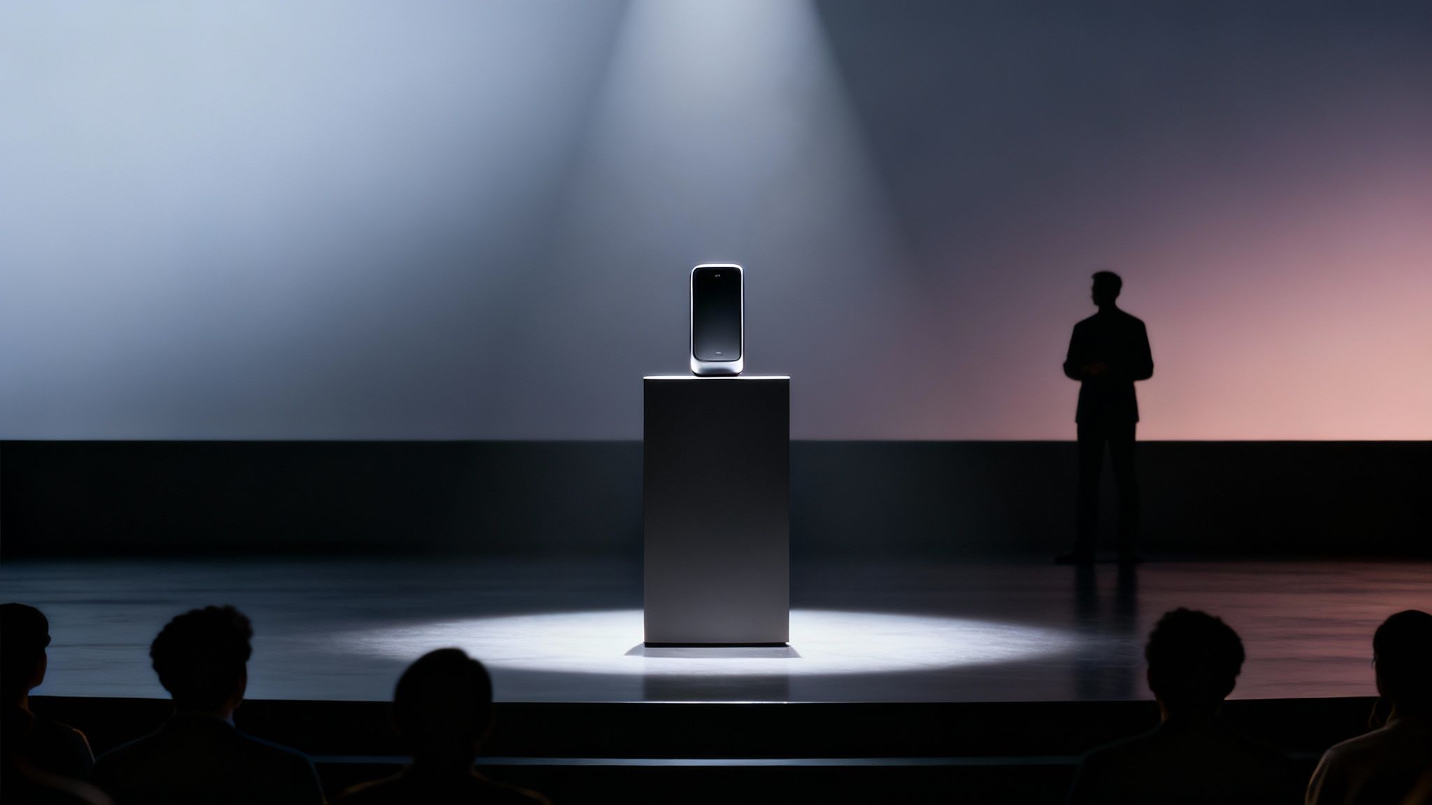 A new smart speaker is presented on stage to an audience at a corporate event.