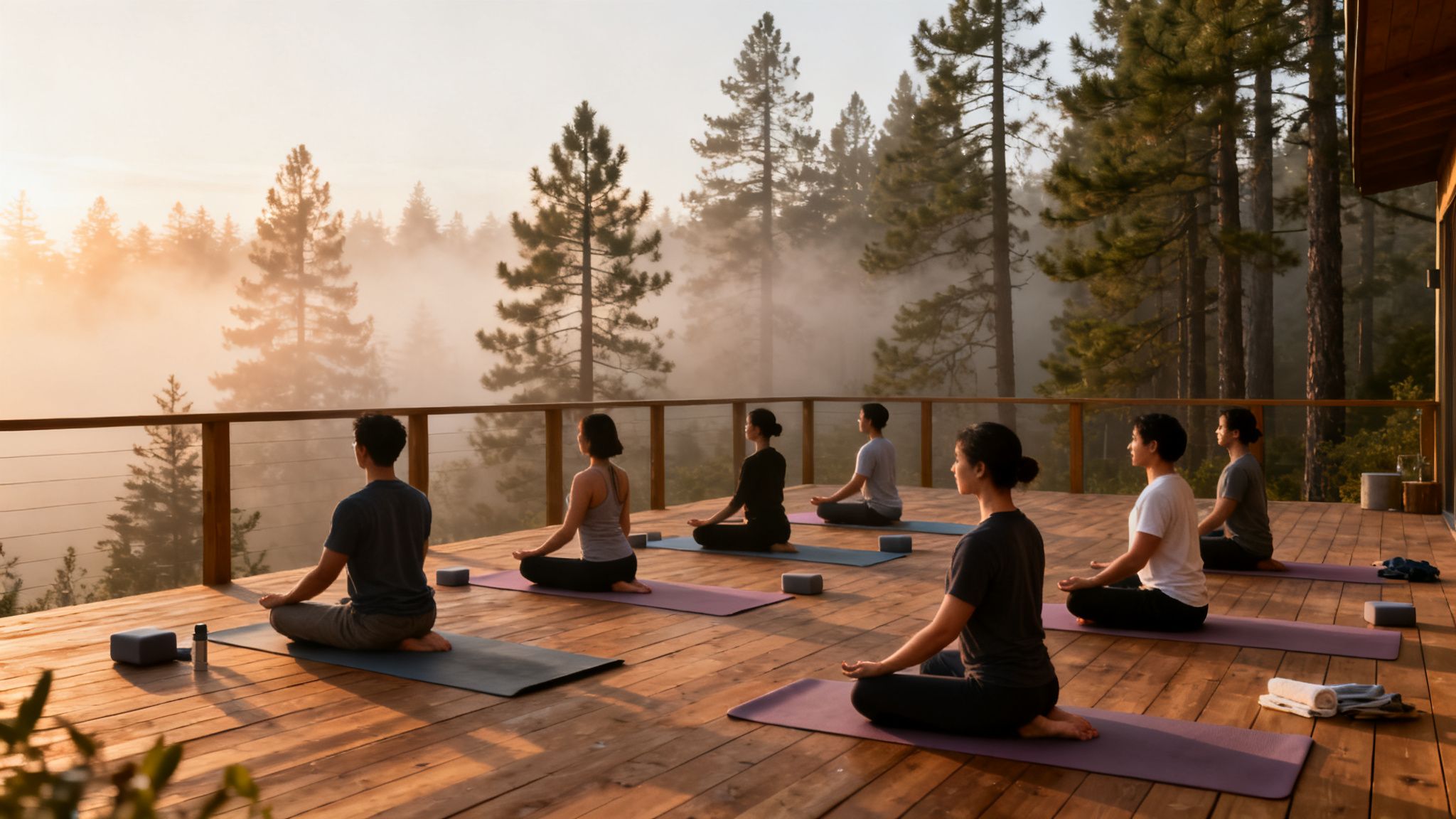 Group of people meditating on yoga mats on an outdoor wooden deck overlooking a misty forest.