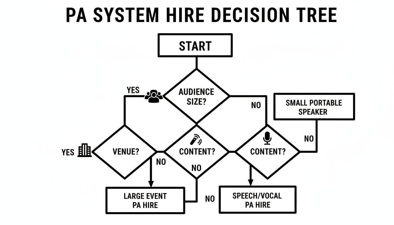 Decision tree for PA system hire, guiding choices based on audience size, venue, and content type.