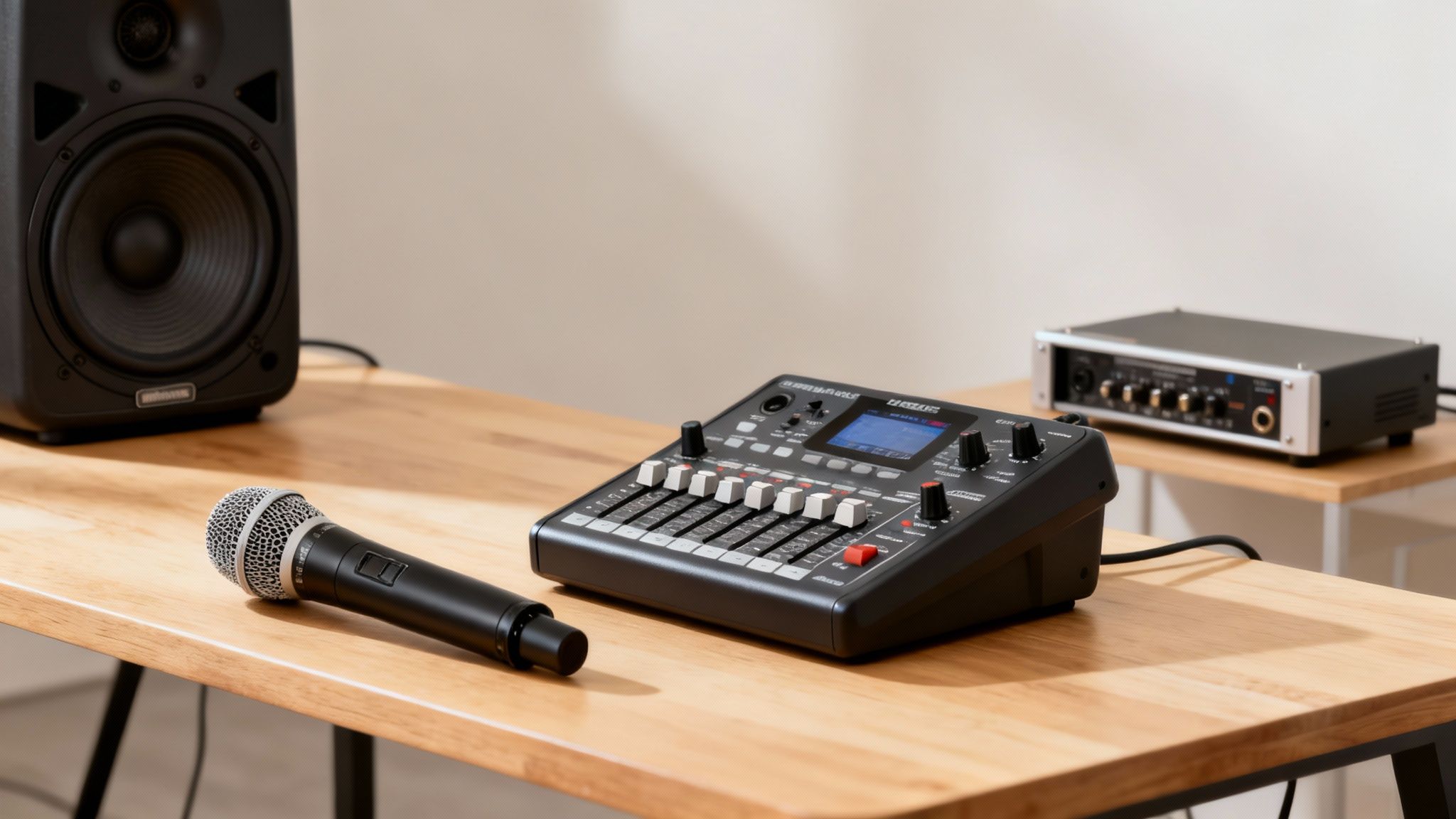 A professional audio setup with a studio monitor speaker, microphone, and a digital mixer on a wooden table.