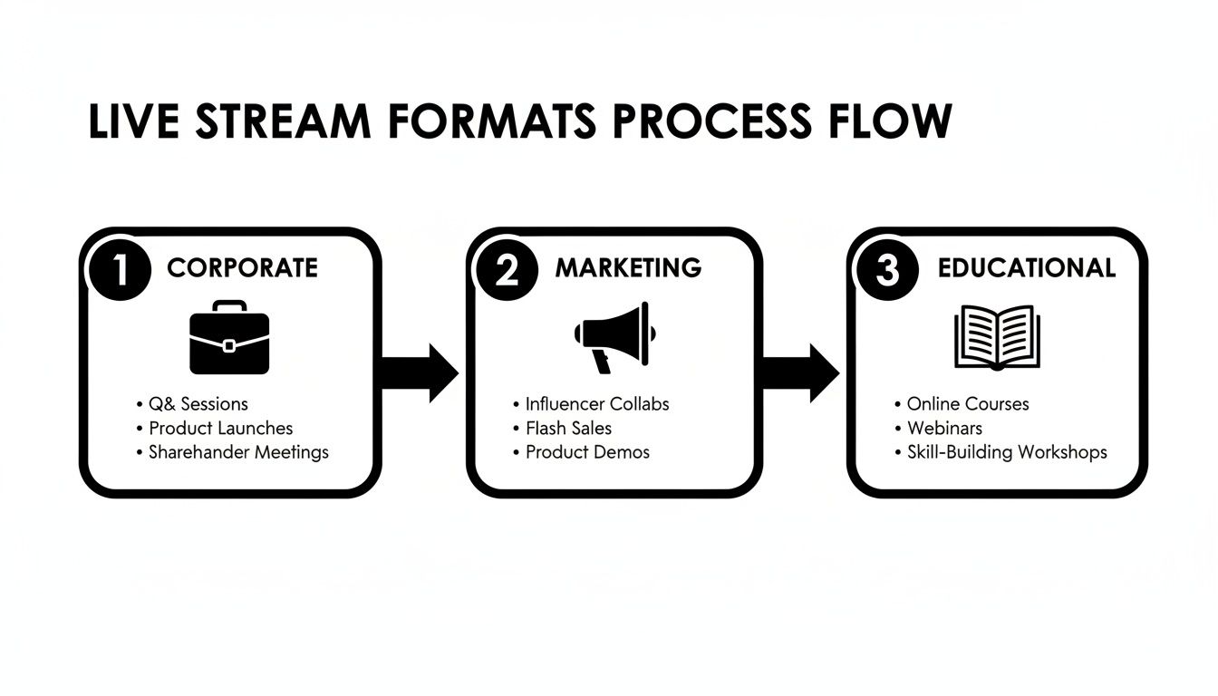 A process flow diagram illustrating different live stream formats: Corporate, Marketing, and Educational, with examples for each.