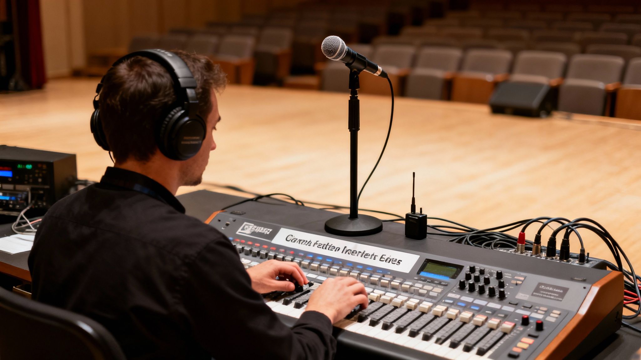 A sound engineer wearing headphones operates a mixing console during an event in an auditorium.
