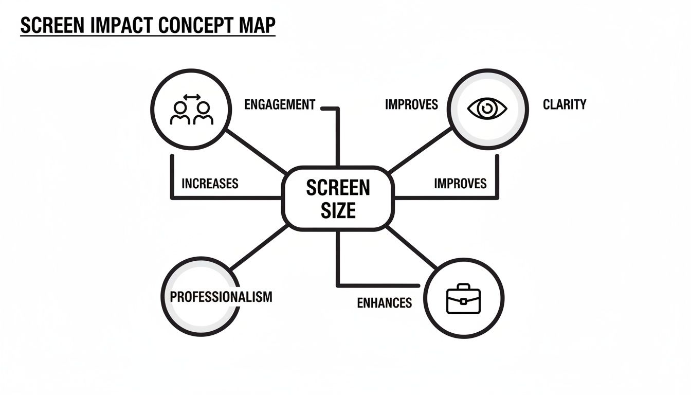 A concept map illustrating how screen size impacts engagement, clarity, professionalism, and business presentation.