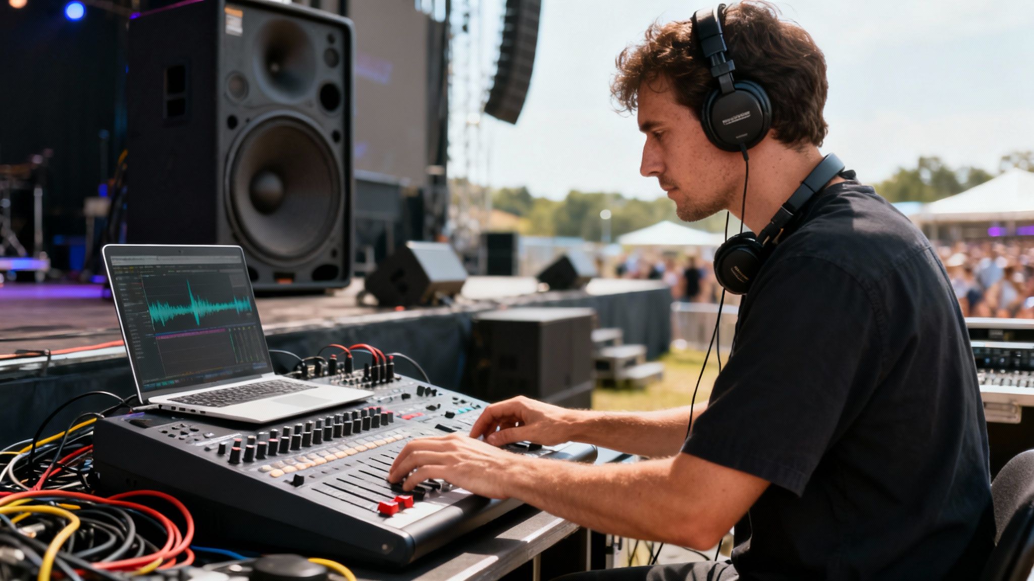 A sound engineer, wearing headphones, meticulously adjusts a large mixing console with a laptop at an outdoor festival.