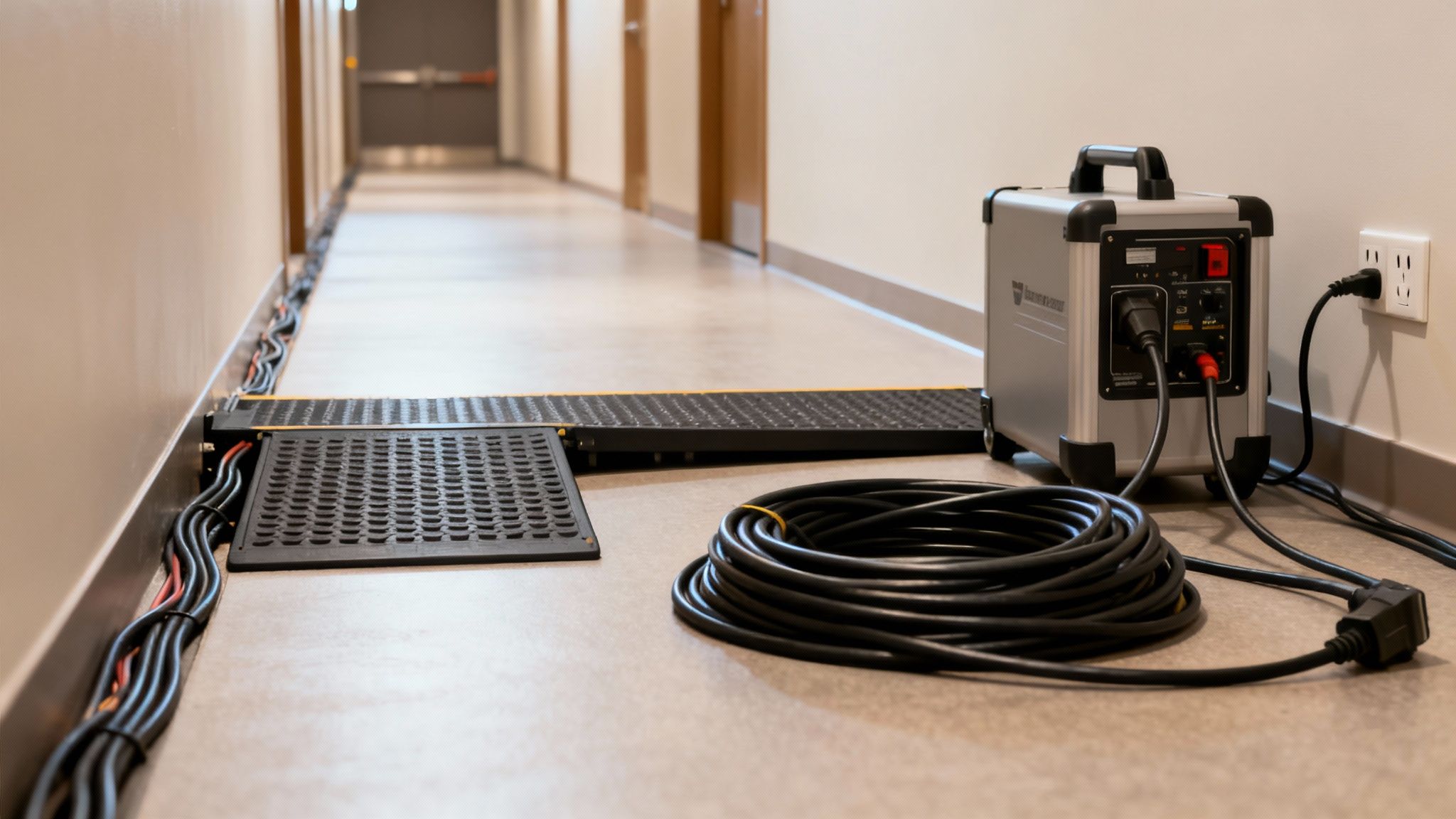 Portable power generator and cable management system set up in a long hallway.