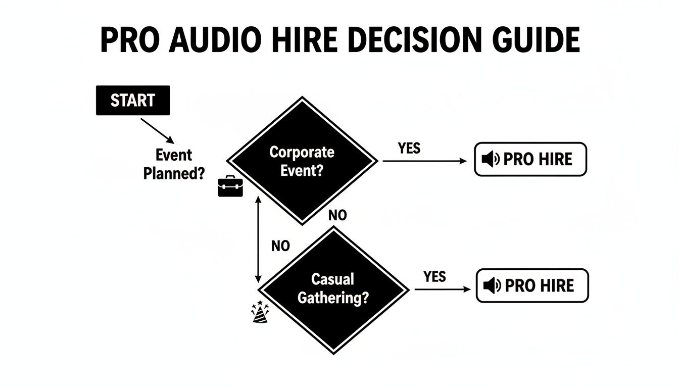 Flowchart guiding decisions for pro audio hire based on event type, distinguishing corporate and casual gatherings.