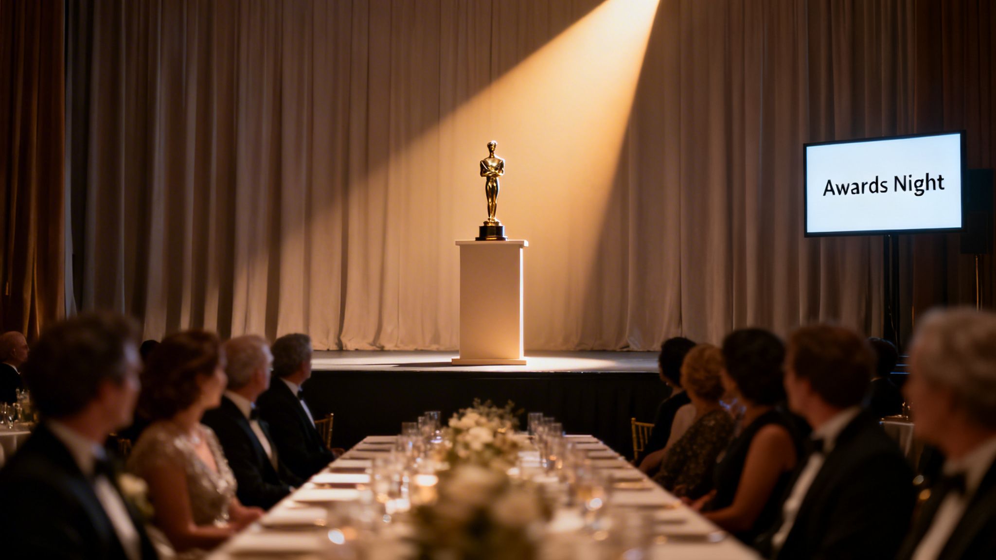 A golden awards statue on a pedestal on a stage, with an audience seated at tables.