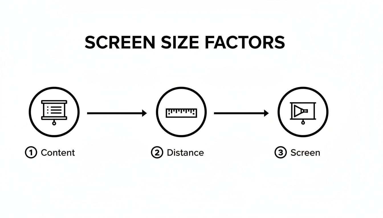 This diagram outlines the key factors influencing screen size: content, viewing distance, and screen type.