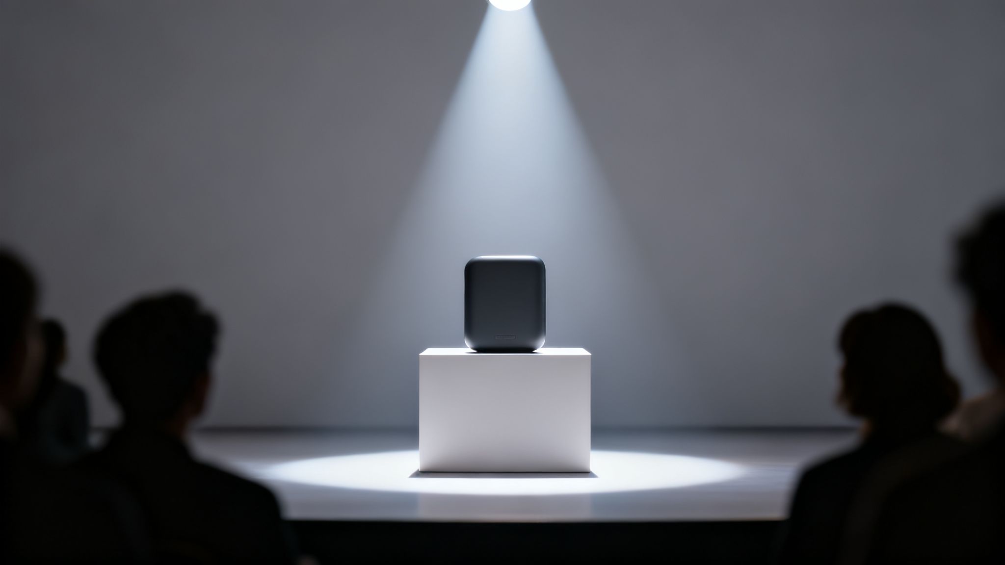 A sleek dark speaker sits on a white pedestal, dramatically illuminated by a single spotlight, with a blurred audience in the foreground.
