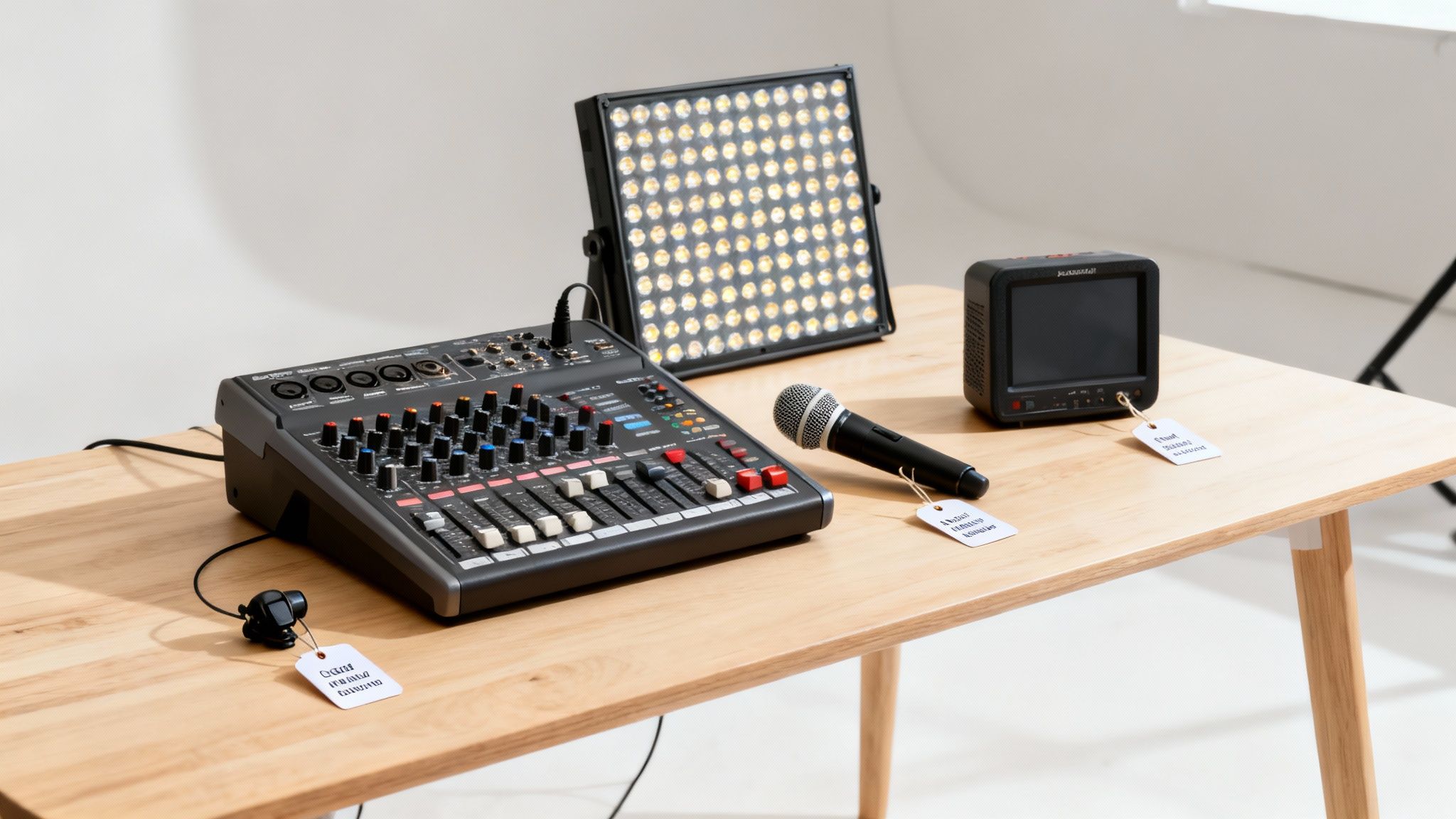 A professional audio-visual production setup with a mixer, microphone, LED light, and monitor on a wooden table.