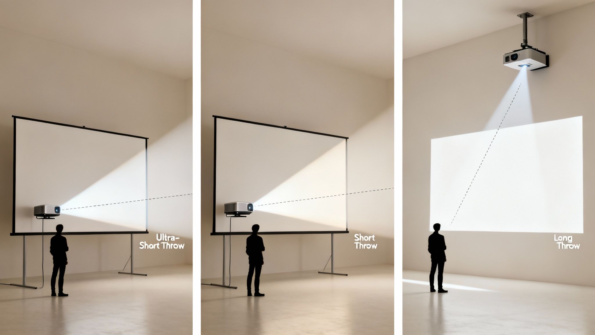 Comparison of ultra-short, short, and long throw projectors illustrating varying projection distances.