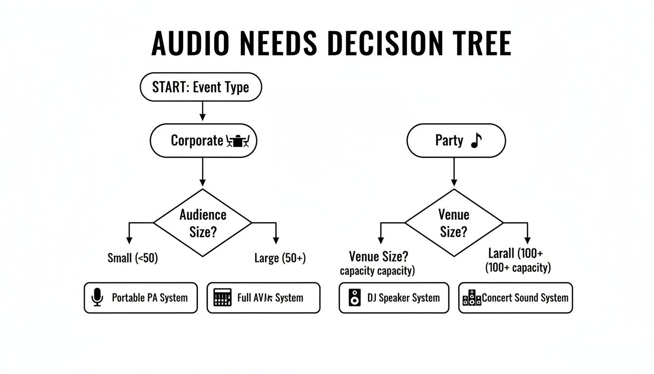 A decision tree flowchart for audio needs, guiding sound system selection based on event type, audience, and venue size.