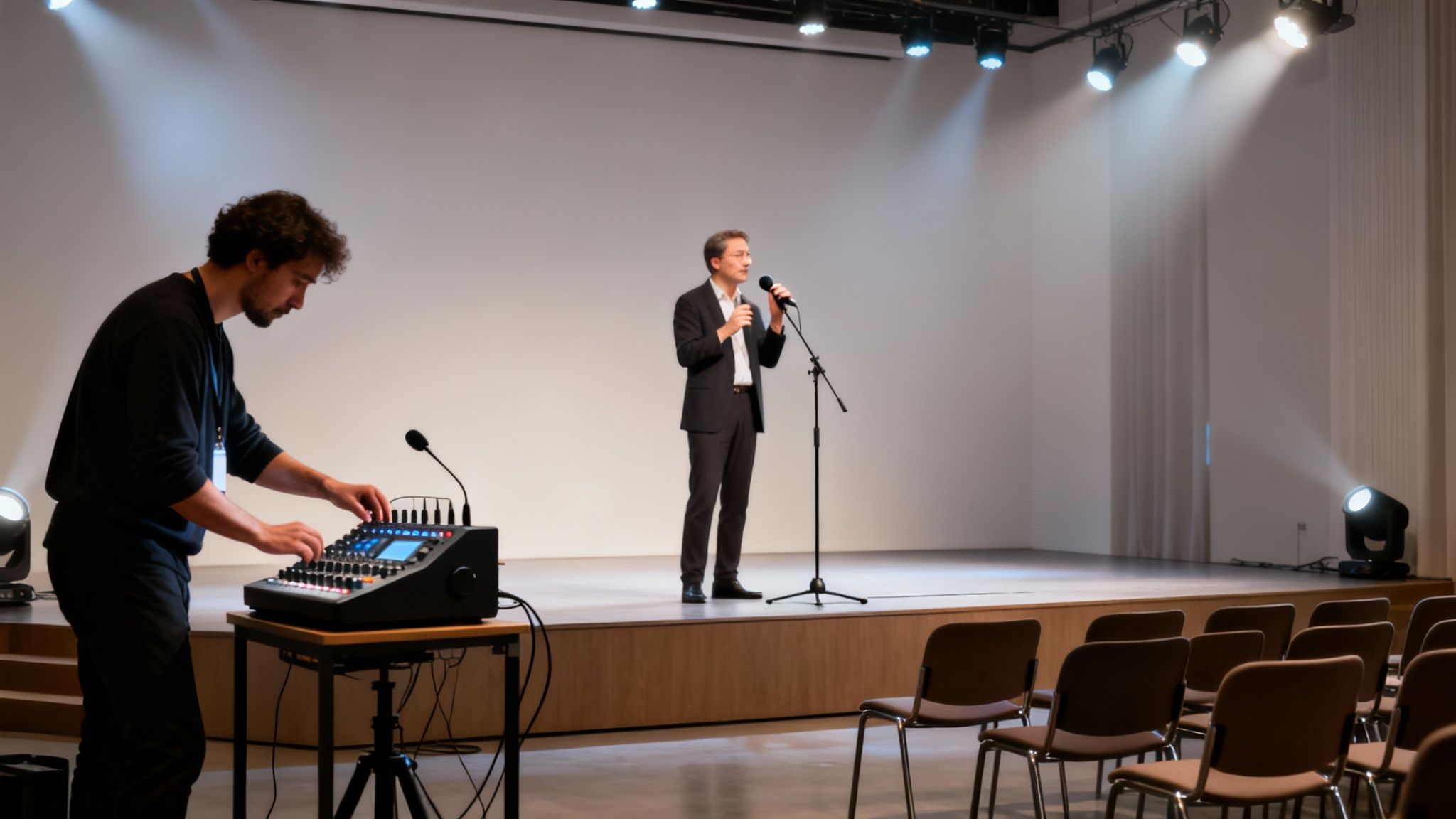 A man speaks into a microphone on stage, while a sound technician works a mixer.