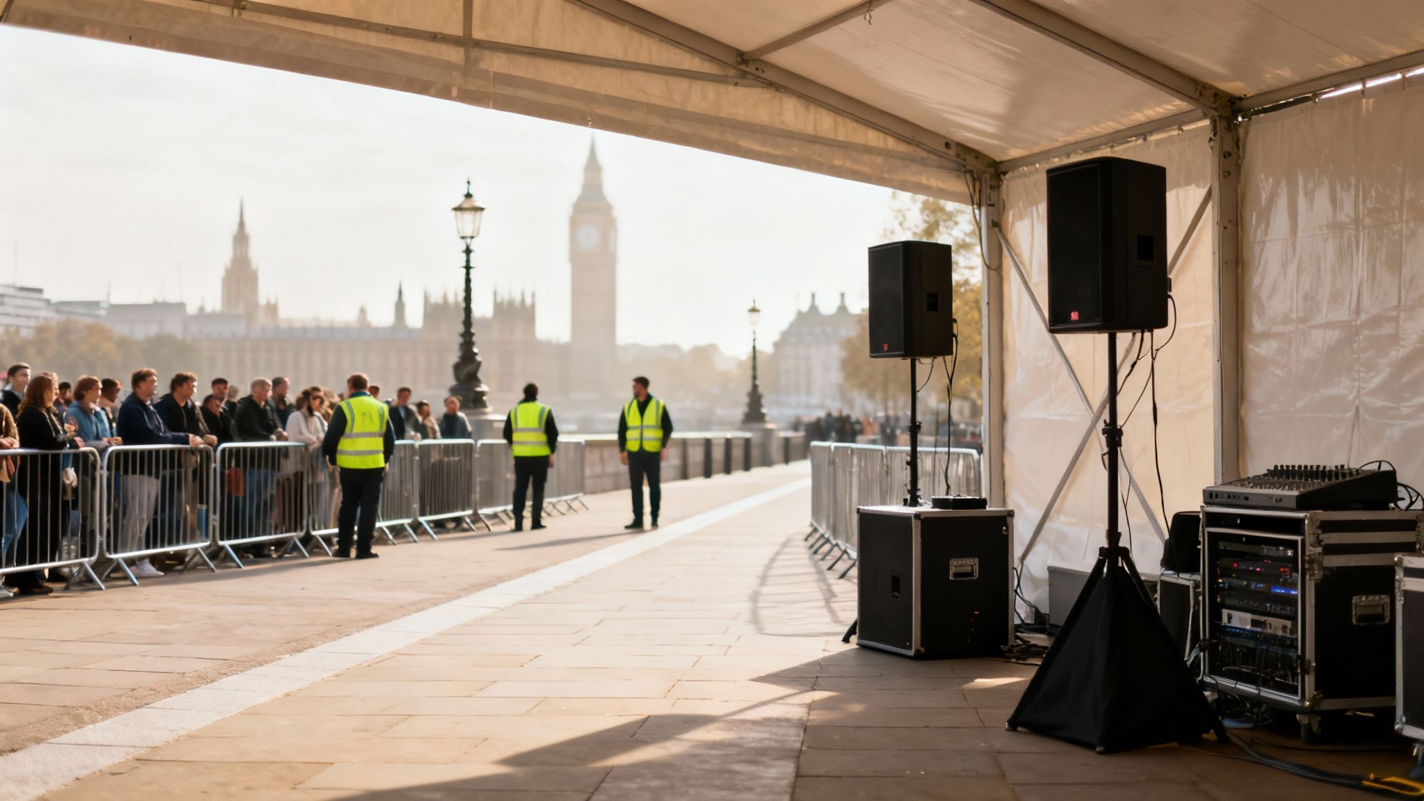 An outdoor event in London with sound equipment under a tent, people behind barriers, and Big Ben in the background.