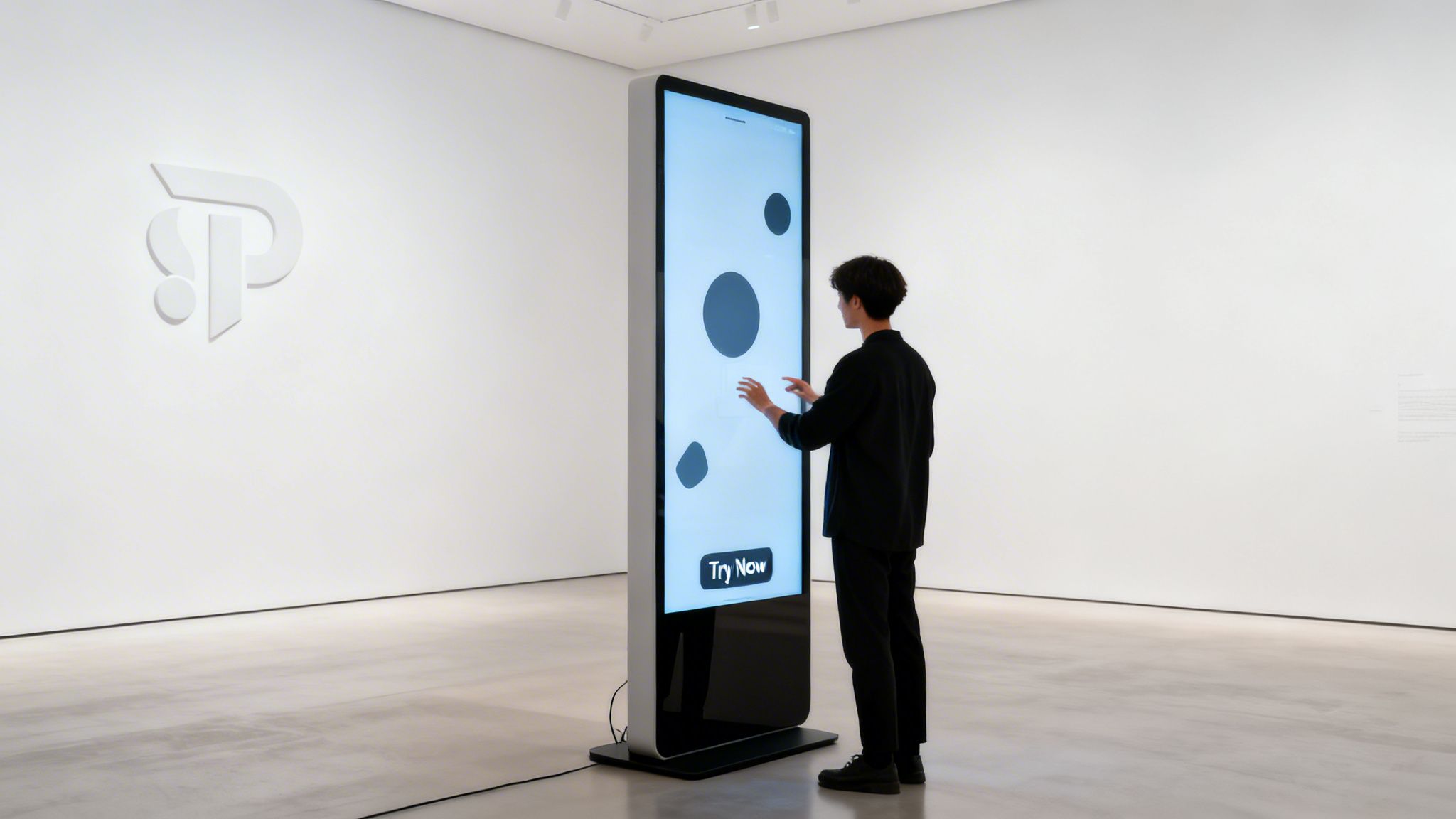 A person interacts with a tall digital display showing abstract shapes and a 'Try Now' button.
