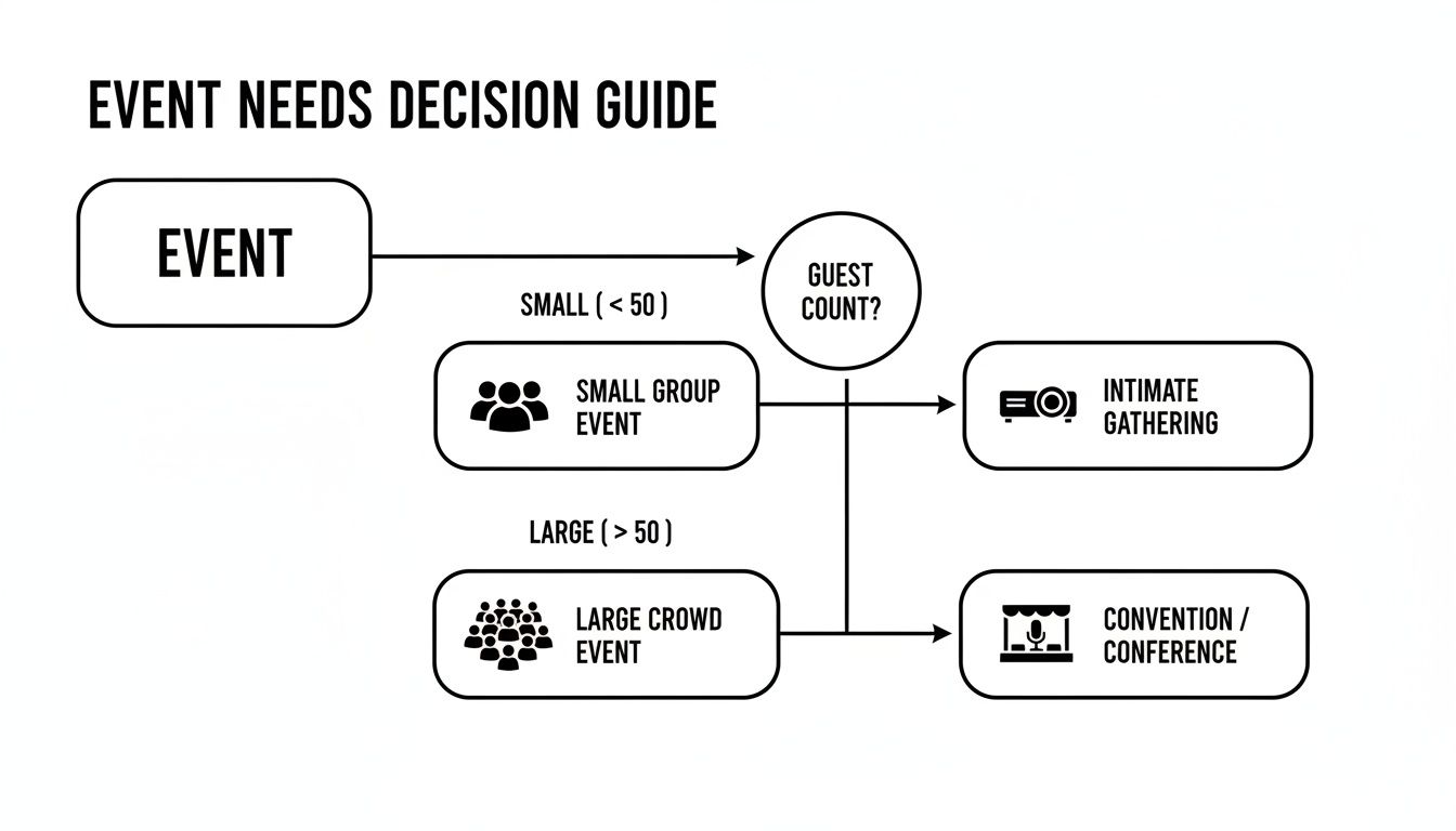 Flowchart for event planning decisions, guiding choices based on small or large guest count.
