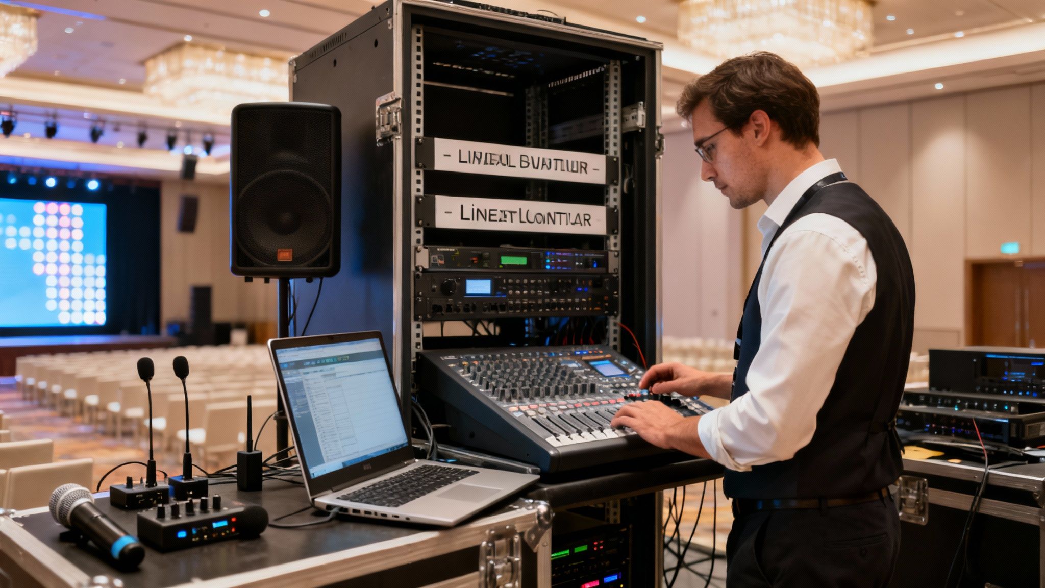 A male AV technician adjusts a sound mixer with a laptop, speakers, and microphones in an event hall.