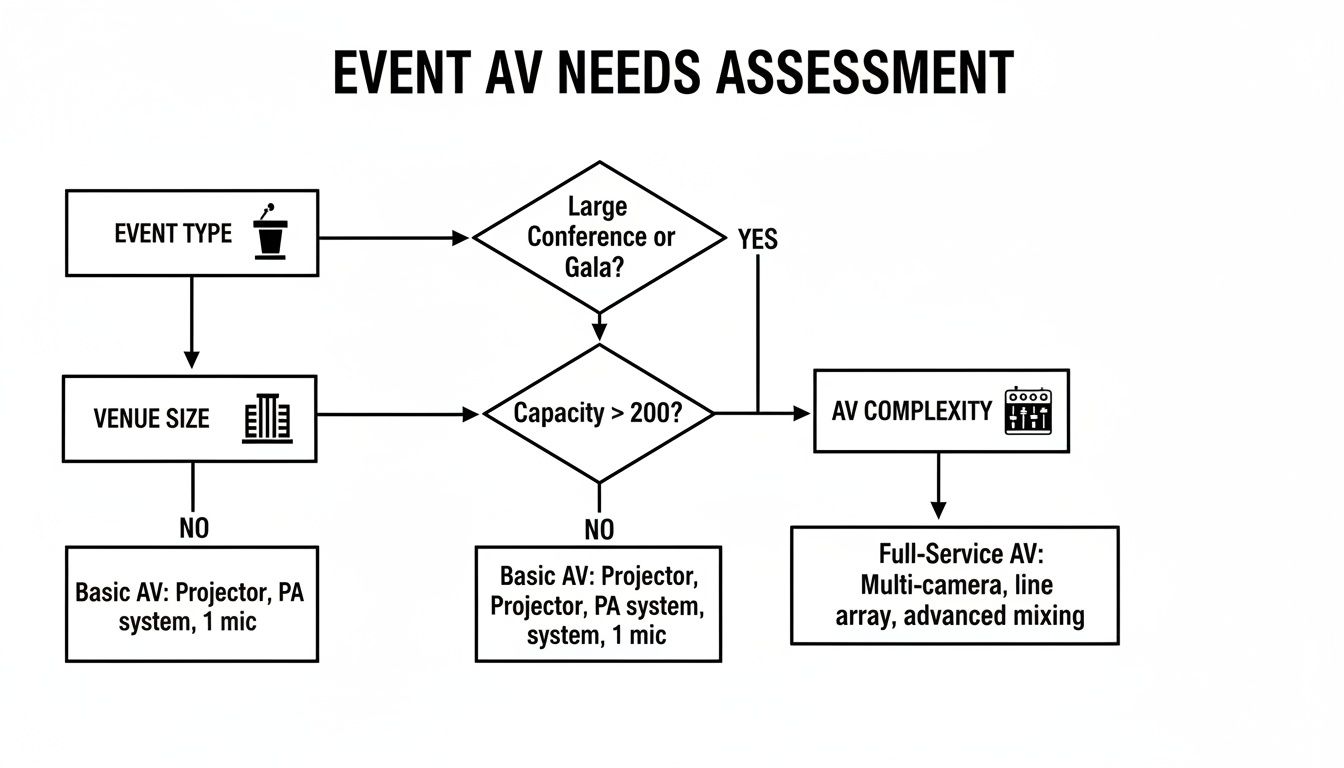 Flowchart assesses event AV needs, guiding from event type and venue size to basic or full-service AV solutions.