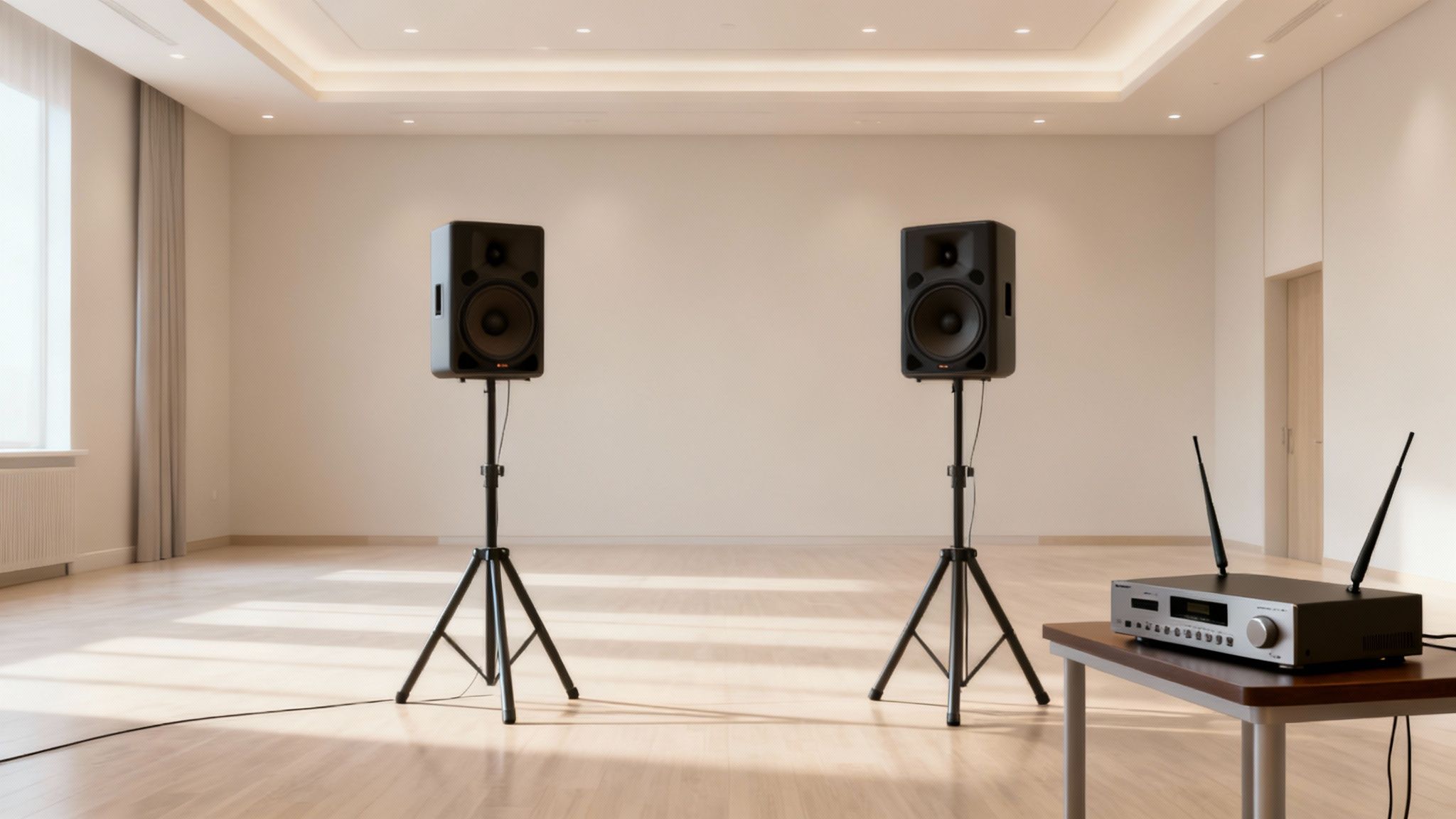 Two black speakers on stands and an audio receiver with antennas in an empty room.