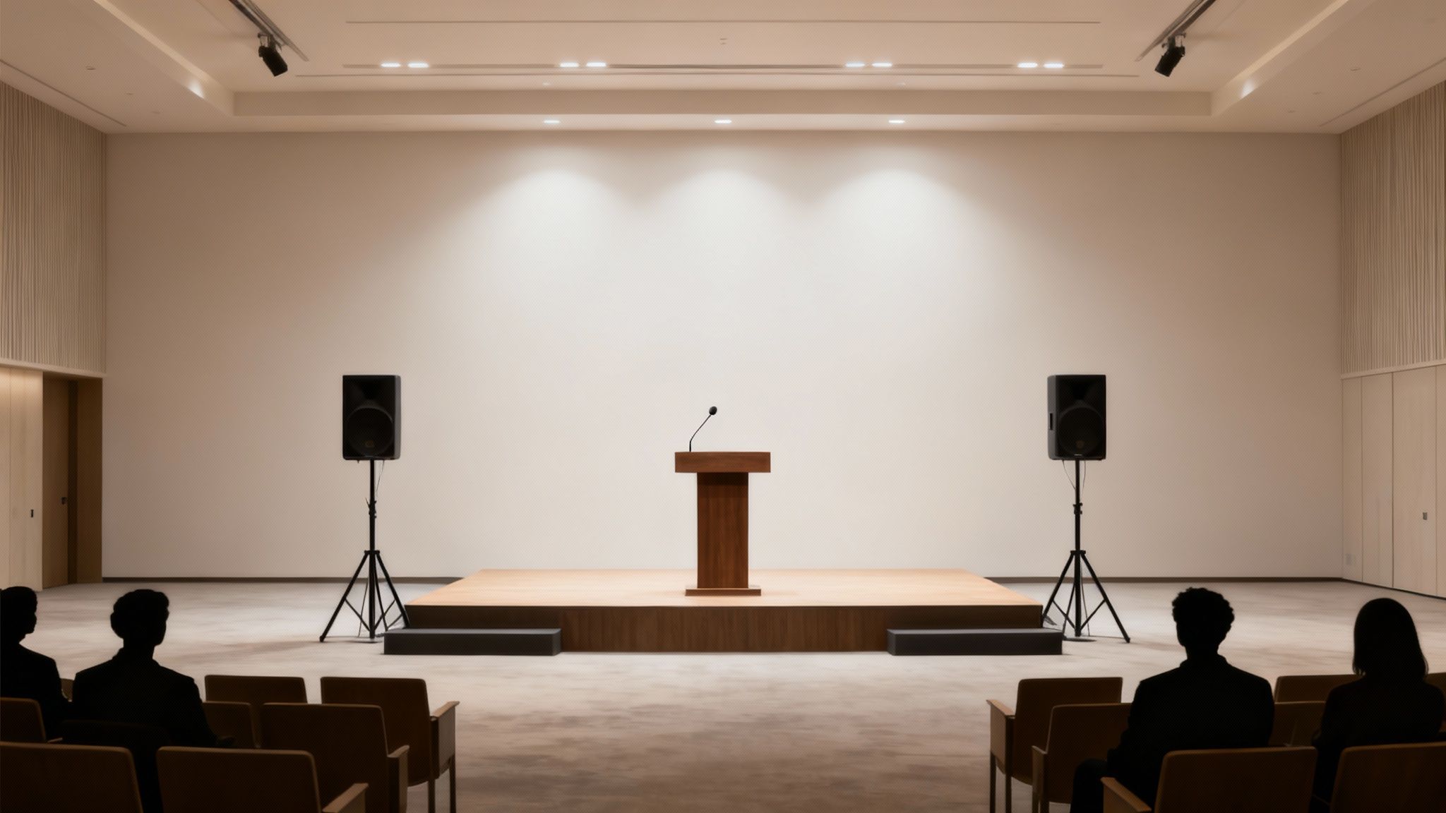 Empty auditorium with a stage, podium, speakers, and seating for a public address event.