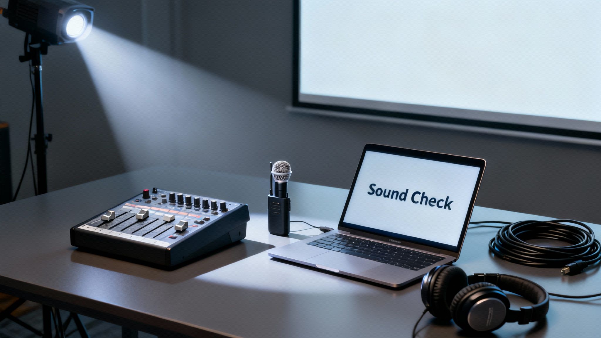 Professional sound and lighting equipment, including a laptop, mixer, and microphone, ready for an event.