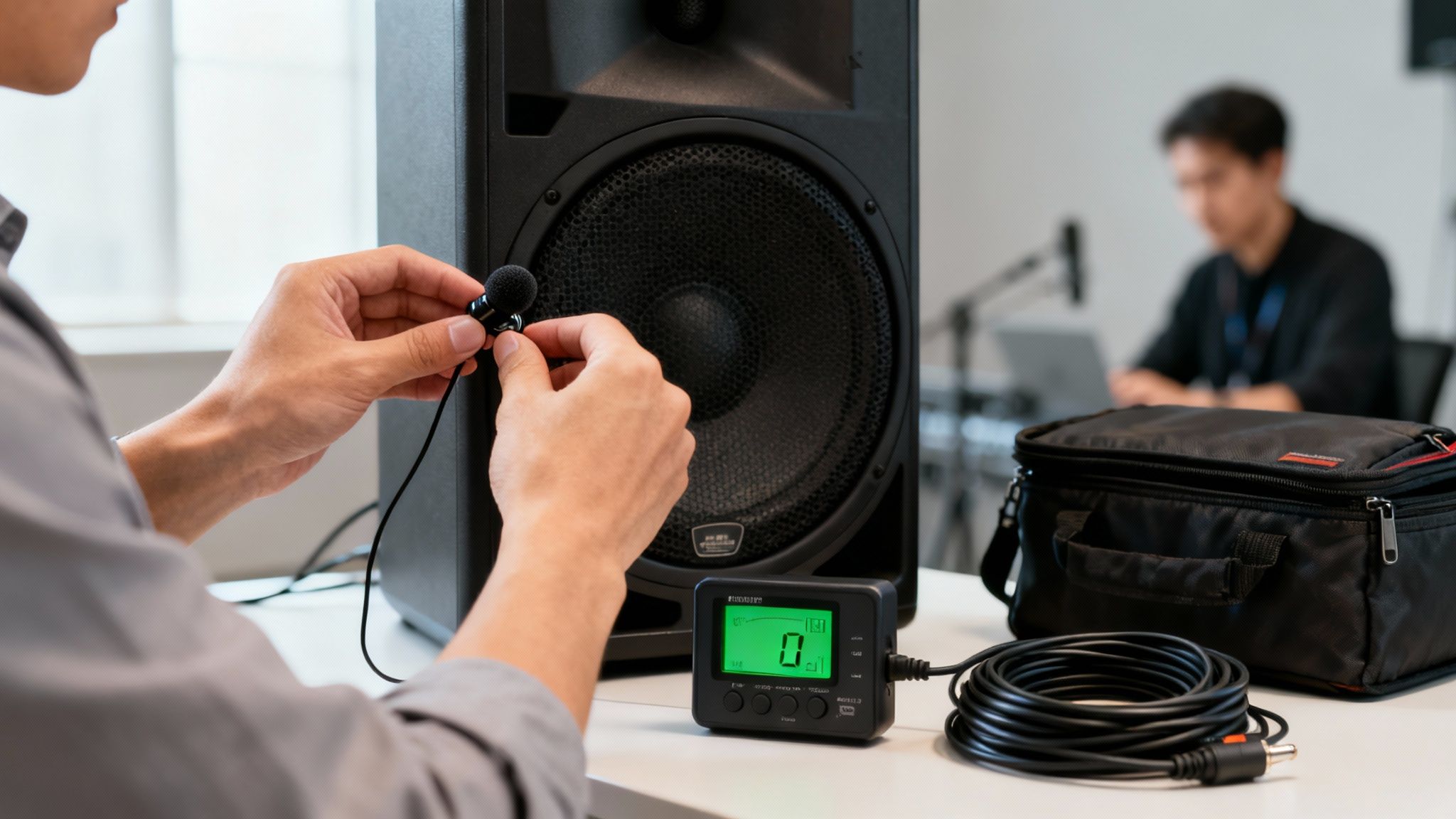 A person's hands adjusting a lavalier microphone near a large speaker and sound meter.