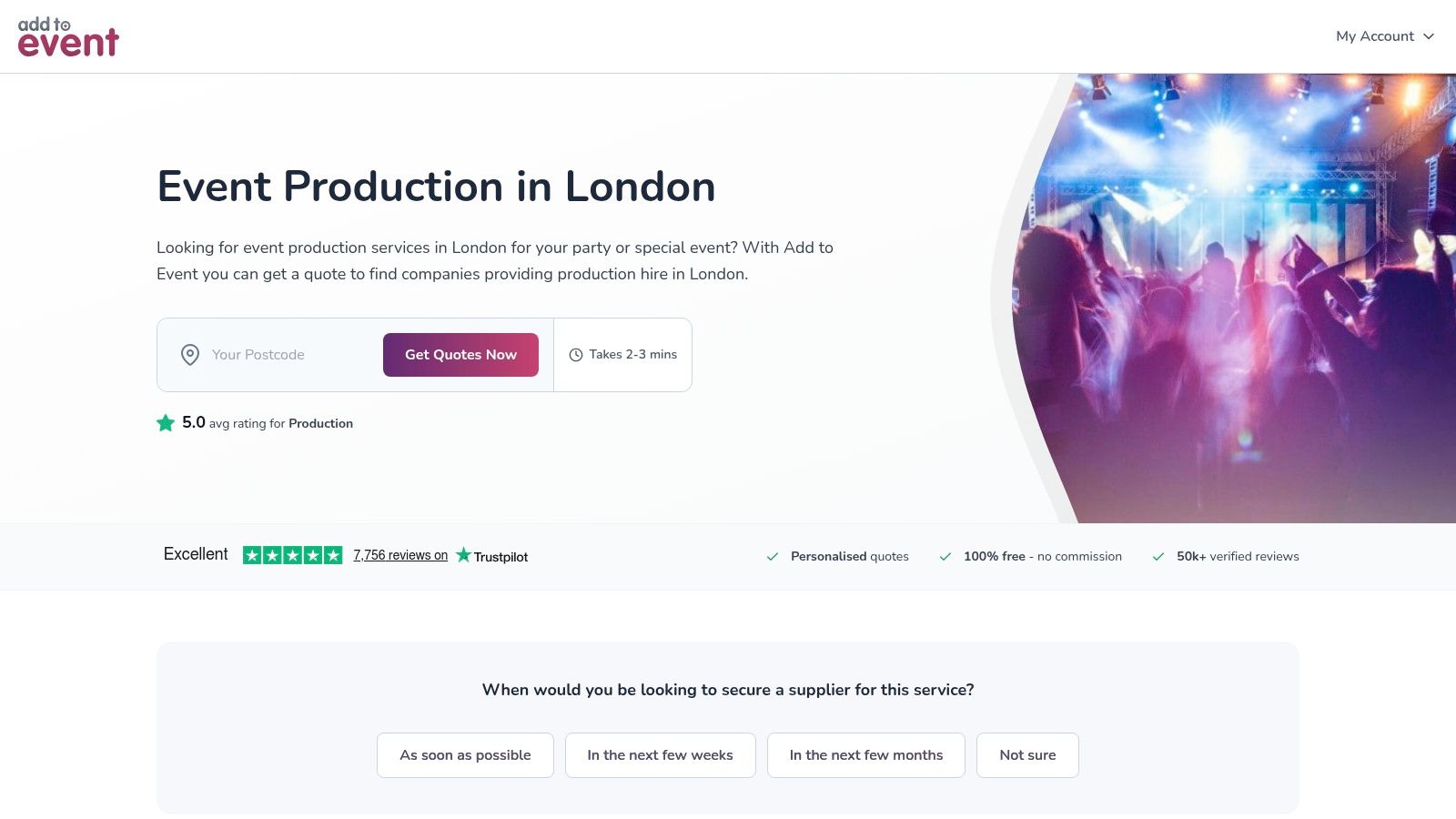 A screenshot of the Add to Event website showing a search for London event production companies.