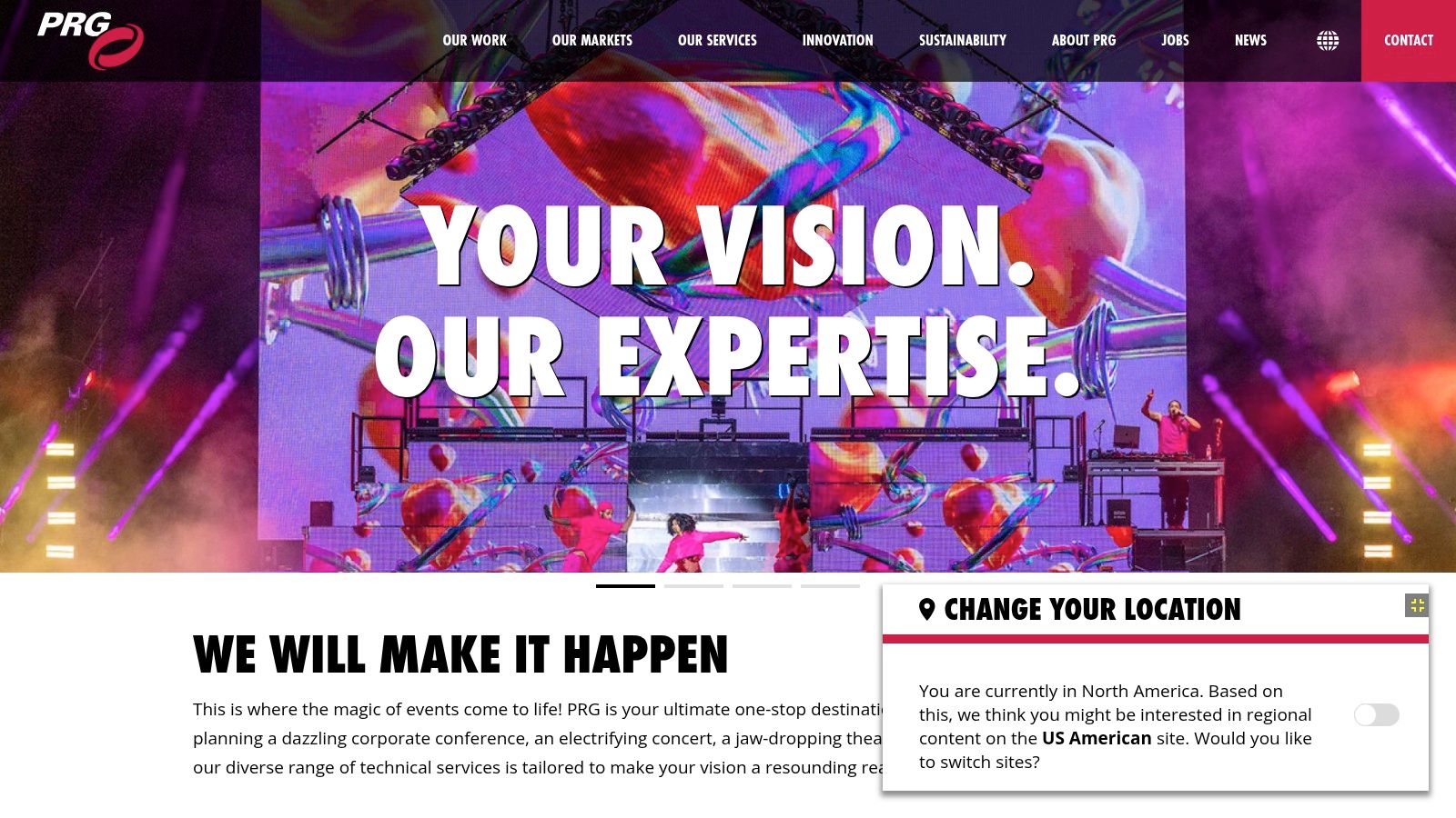 A screenshot of the PRG website highlighting their UK event production services.