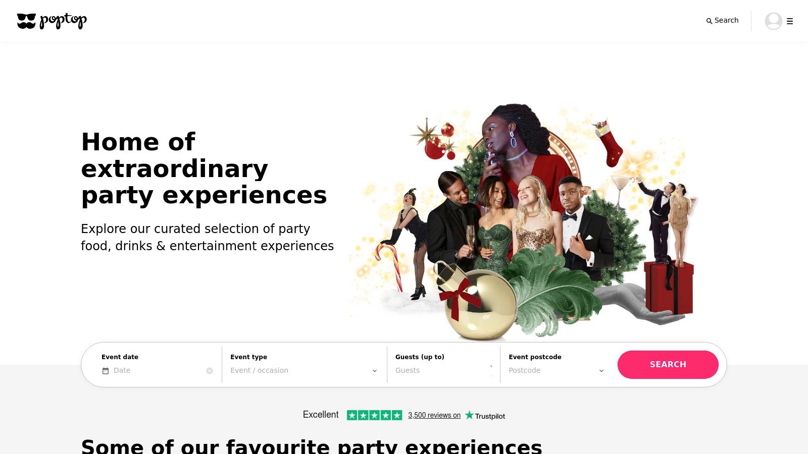A screenshot of the Poptop website interface, showing options for event entertainment and production services in London.