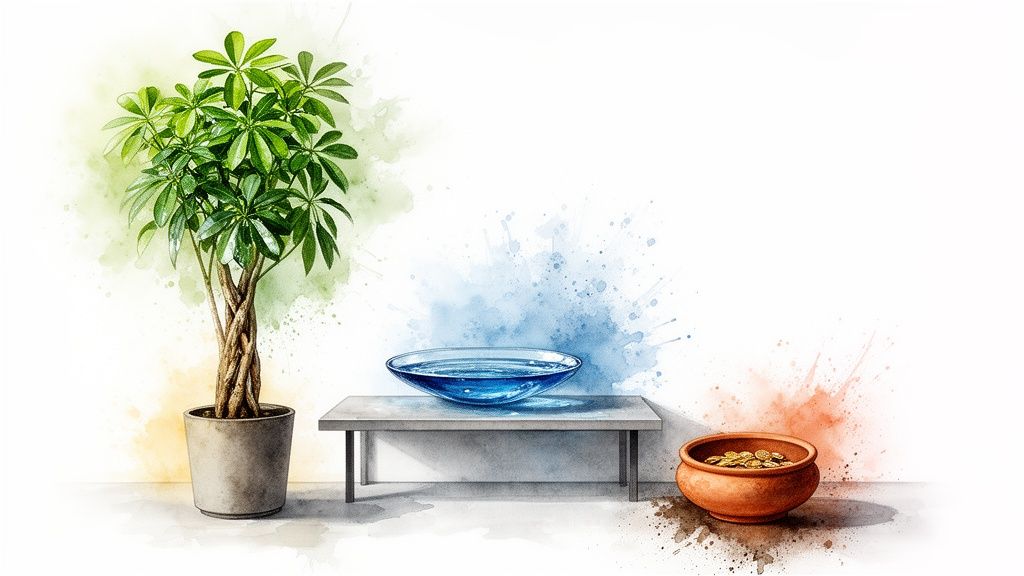 一幅描绘金钱树、盛水玻璃碗和金币陶罐的水彩画，背景有五行色彩泼溅。