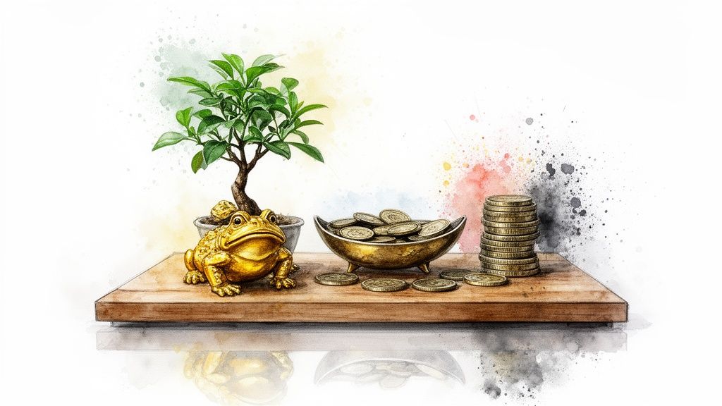 金蟾蜍、盆栽、金幣和錢幣堆在木板上,背景有水彩潑墨,象徵招財進寶。