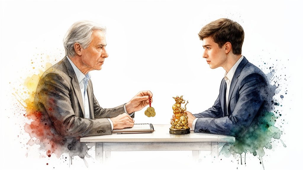 两位男士在桌旁,一位持中国古钱币,另一位面前有金色雕塑,画面采用水彩泼墨风格。