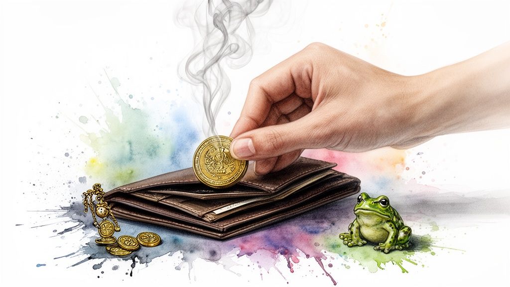 手持冒烟金币投入钱包,旁有招财蛙和金链,色彩斑斓的水彩背景。