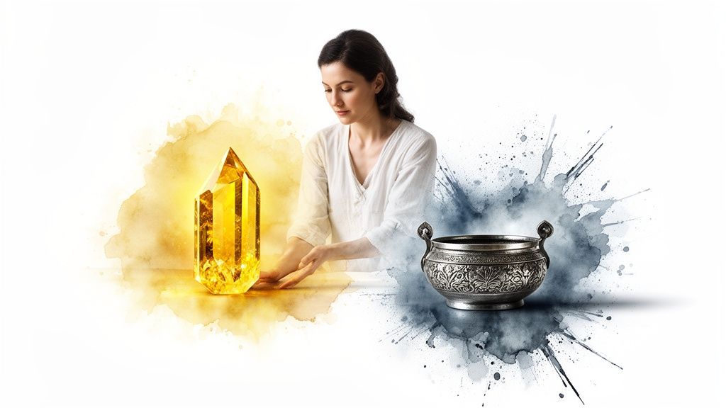 一位女性手持金黄色水晶与银色器皿,周围是明亮与深沉的水彩泼墨,展现平衡。