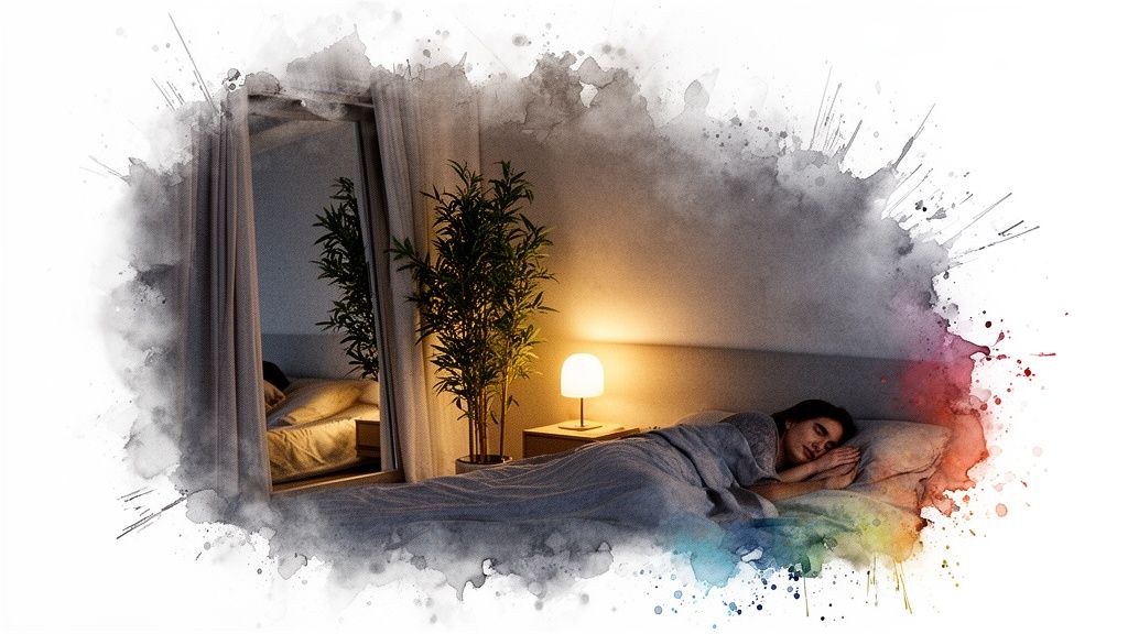 一位女性在臥室裡安詳睡覺,房間有床、床頭燈、綠色植物和一面鏡子。