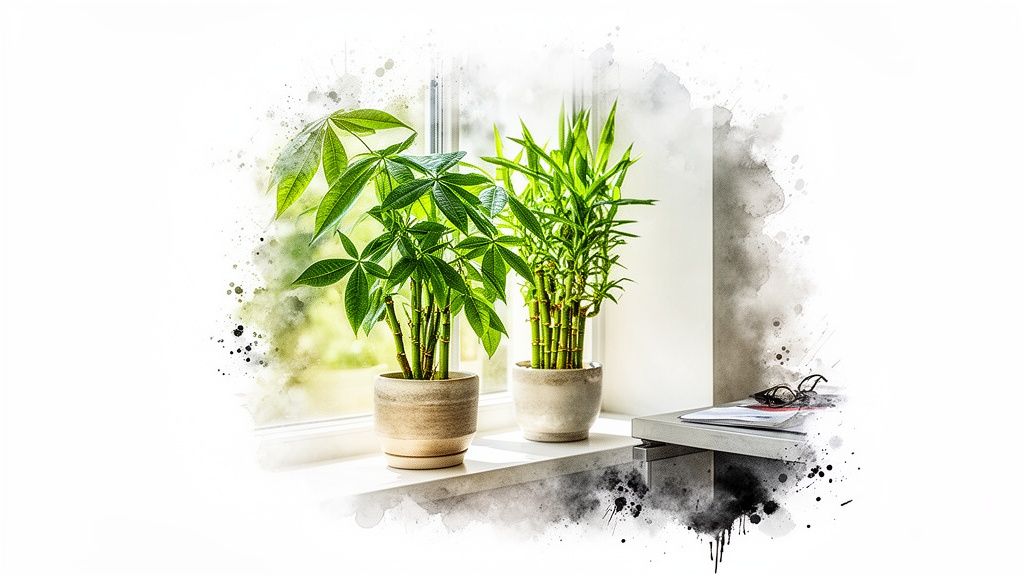 窗台上的兩盆綠色植物,一盆發財樹和一盆開運竹,充滿生機與活力。