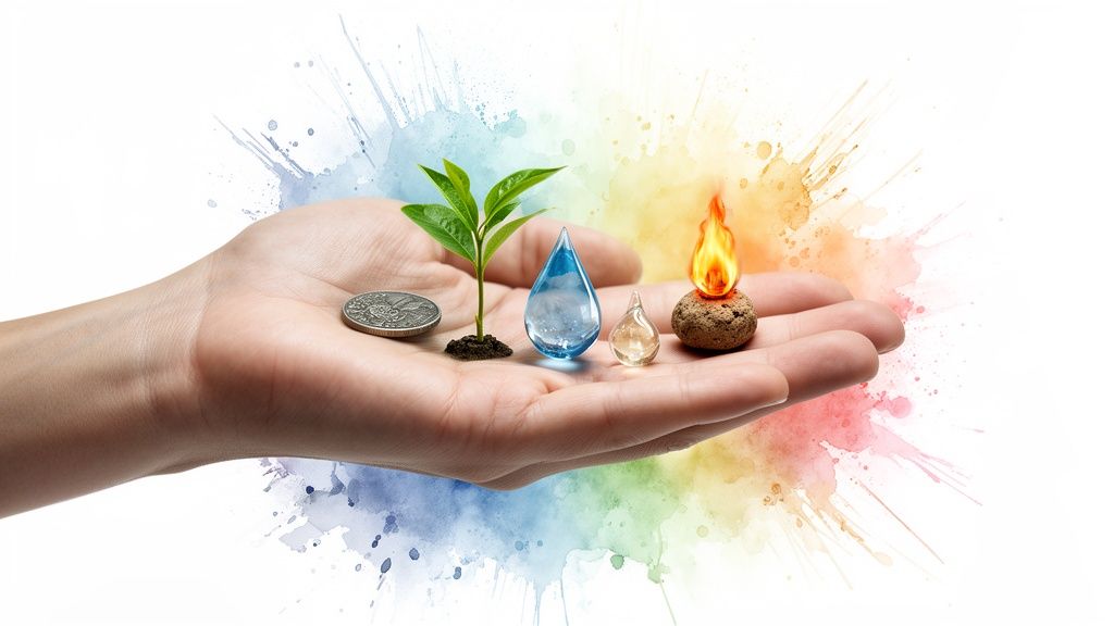 一只手掌上托着金、木、水、火、土五行元素，背景是彩色水彩飞溅。