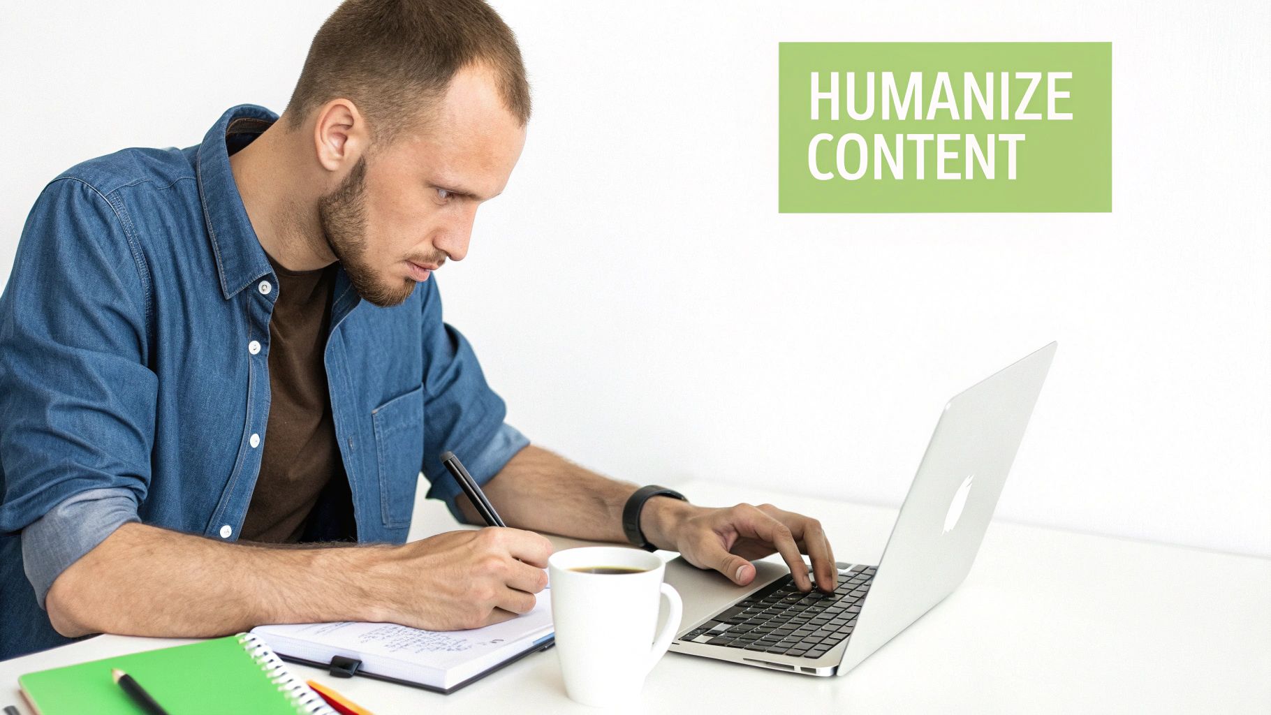 A person and a robot collaborating at a desk, symbolizing humanizing AI content.