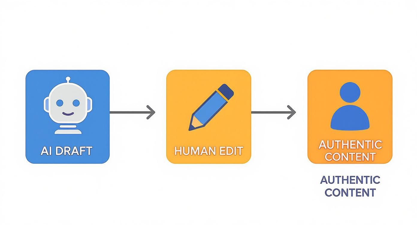 Workflow diagram showing AI draft being edited by human to create authentic content